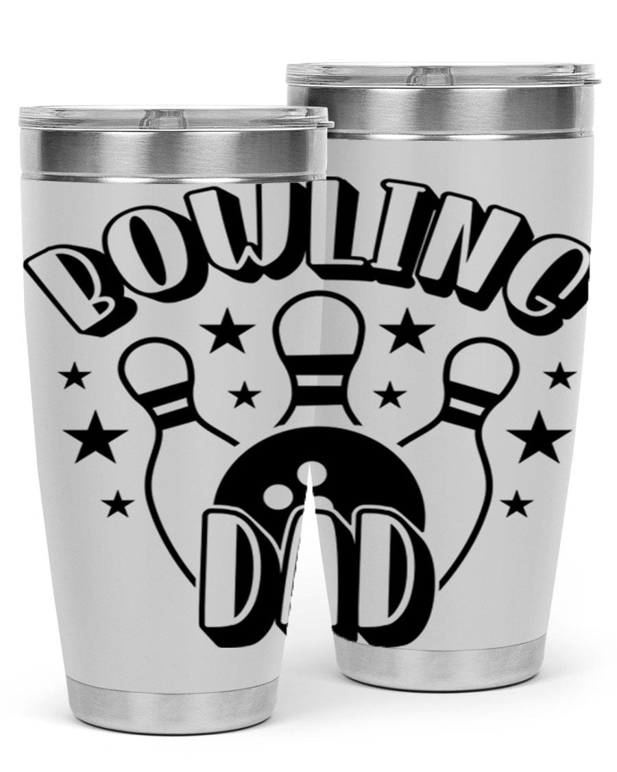 Bowling Dad 1406# Tumbler in stainless steel with a drink-thru lid, showcasing its sleek design and vibrant print.