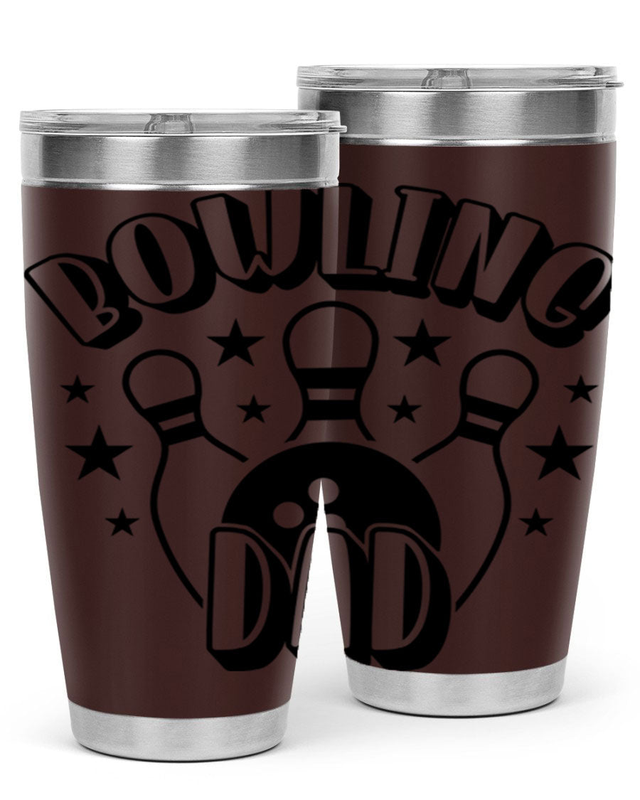 Bowling Dad 1406# Tumbler in stainless steel with a drink-thru lid, showcasing its sleek design and vibrant print.