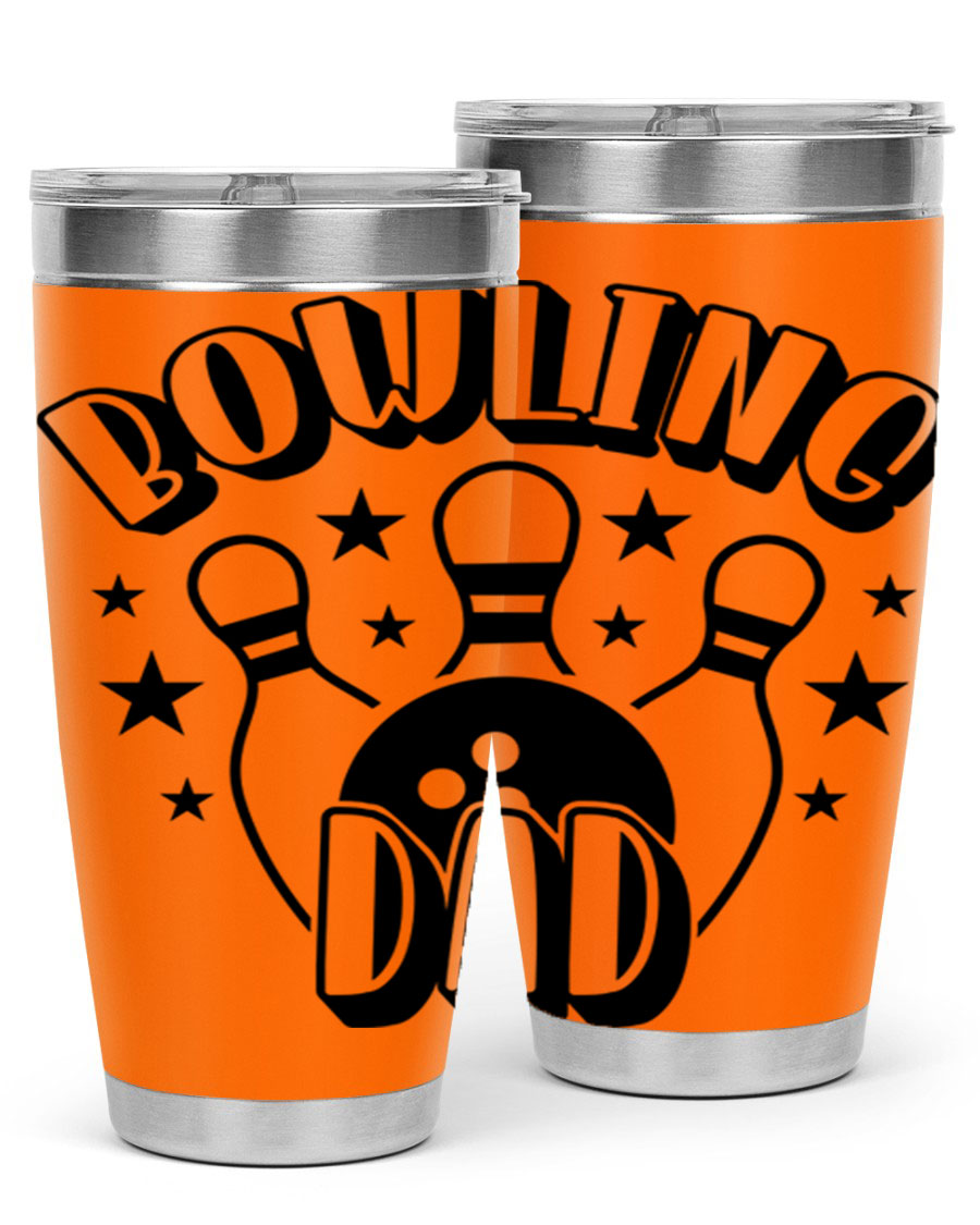 Bowling Dad 1406# Tumbler in stainless steel with a drink-thru lid, showcasing its sleek design and vibrant print.