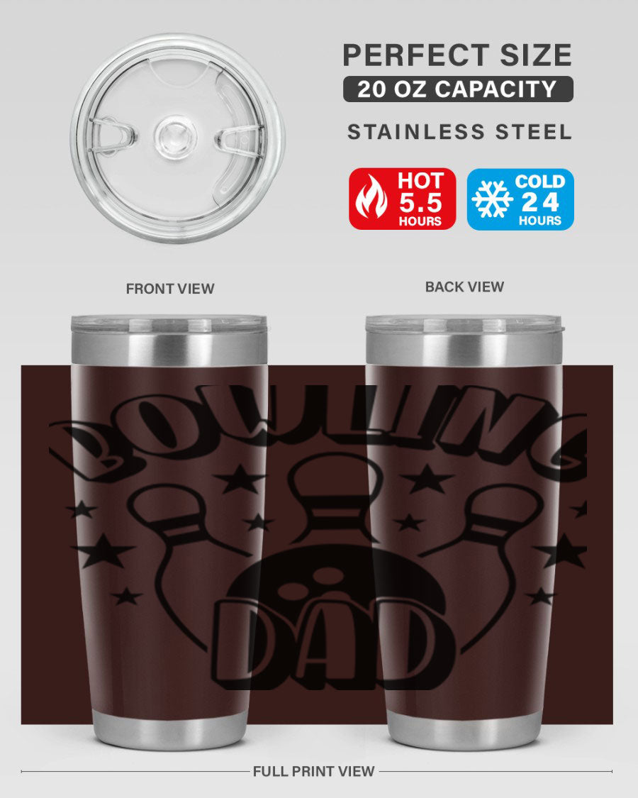 Bowling Dad 1406# Tumbler in stainless steel with a drink-thru lid, showcasing its sleek design and vibrant print.