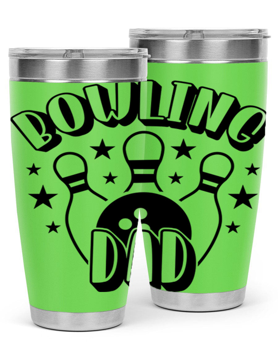 Bowling Dad 1406# Tumbler in stainless steel with a drink-thru lid, showcasing its sleek design and vibrant print.