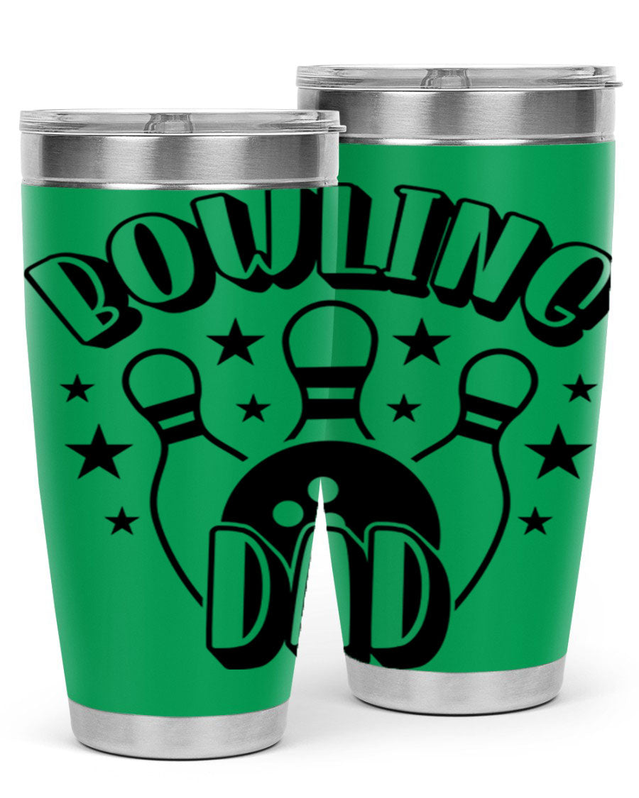 Bowling Dad 1406# Tumbler in stainless steel with a drink-thru lid, showcasing its sleek design and vibrant print.