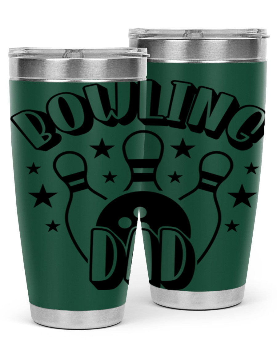 Bowling Dad 1406# Tumbler in stainless steel with a drink-thru lid, showcasing its sleek design and vibrant print.