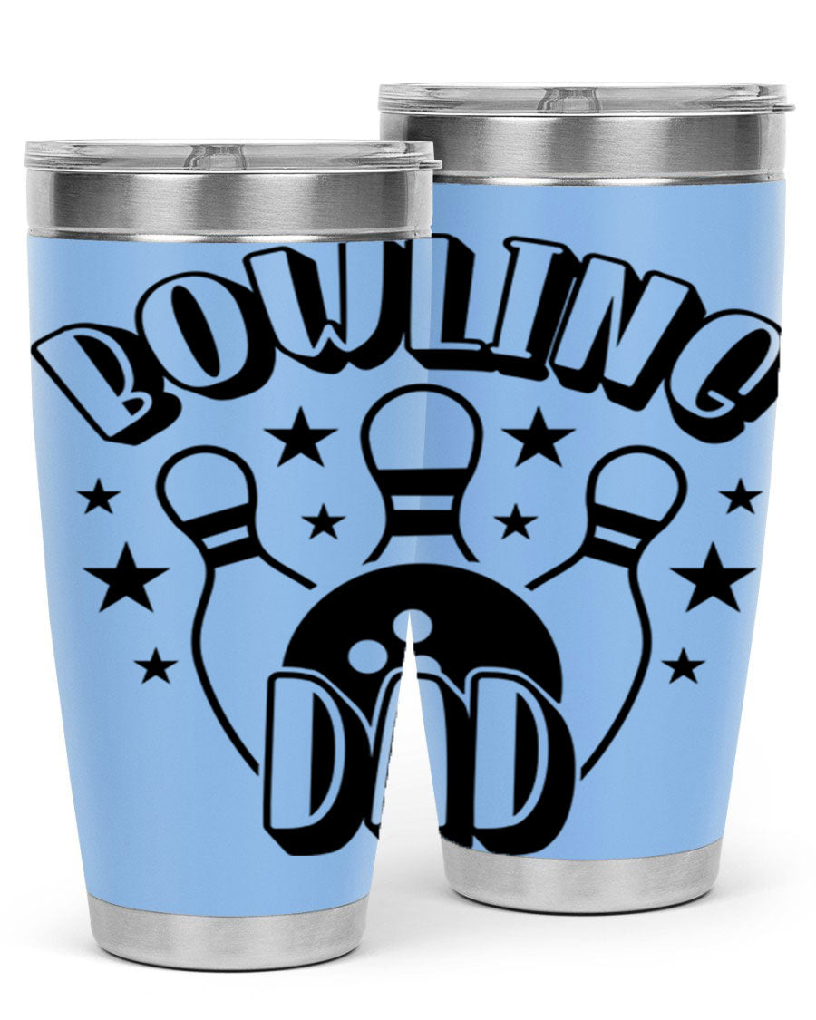 Bowling Dad 1406# Tumbler in stainless steel with a drink-thru lid, showcasing its sleek design and vibrant print.