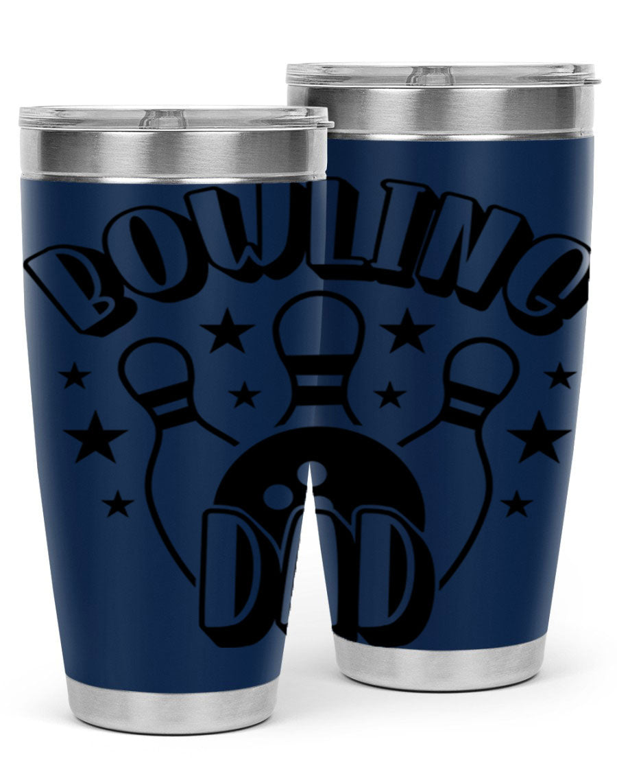 Bowling Dad 1406# Tumbler in stainless steel with a drink-thru lid, showcasing its sleek design and vibrant print.