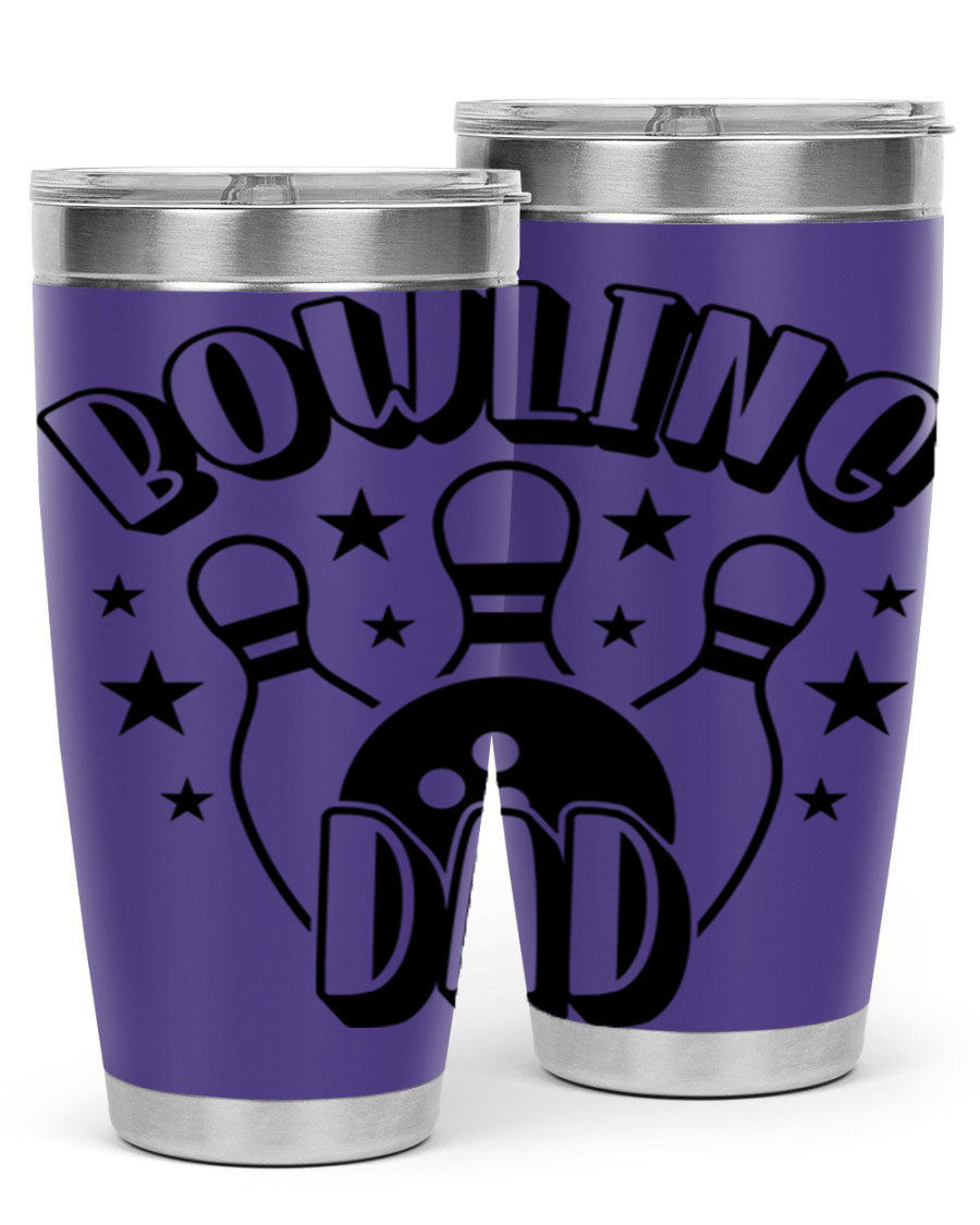 Bowling Dad 1406# Tumbler in stainless steel with a drink-thru lid, showcasing its sleek design and vibrant print.