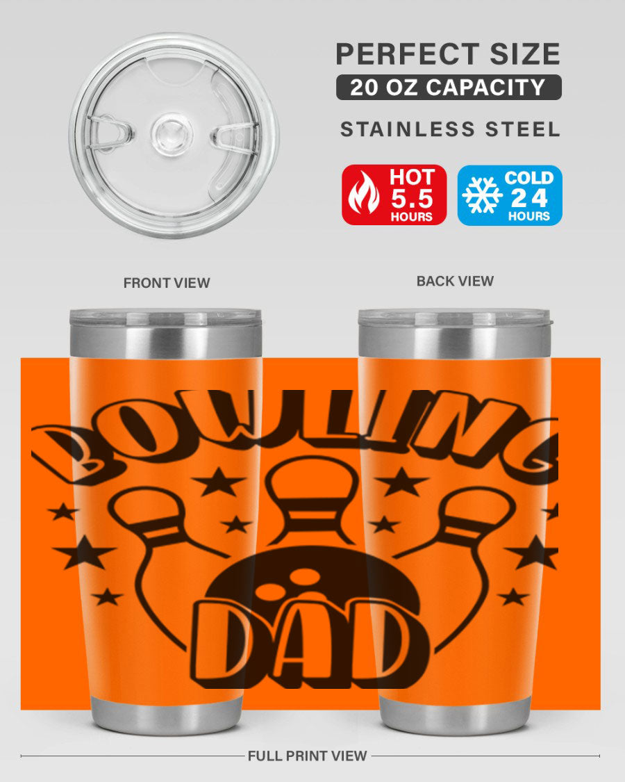 Bowling Dad 1406# Tumbler in stainless steel with a drink-thru lid, showcasing its sleek design and vibrant print.