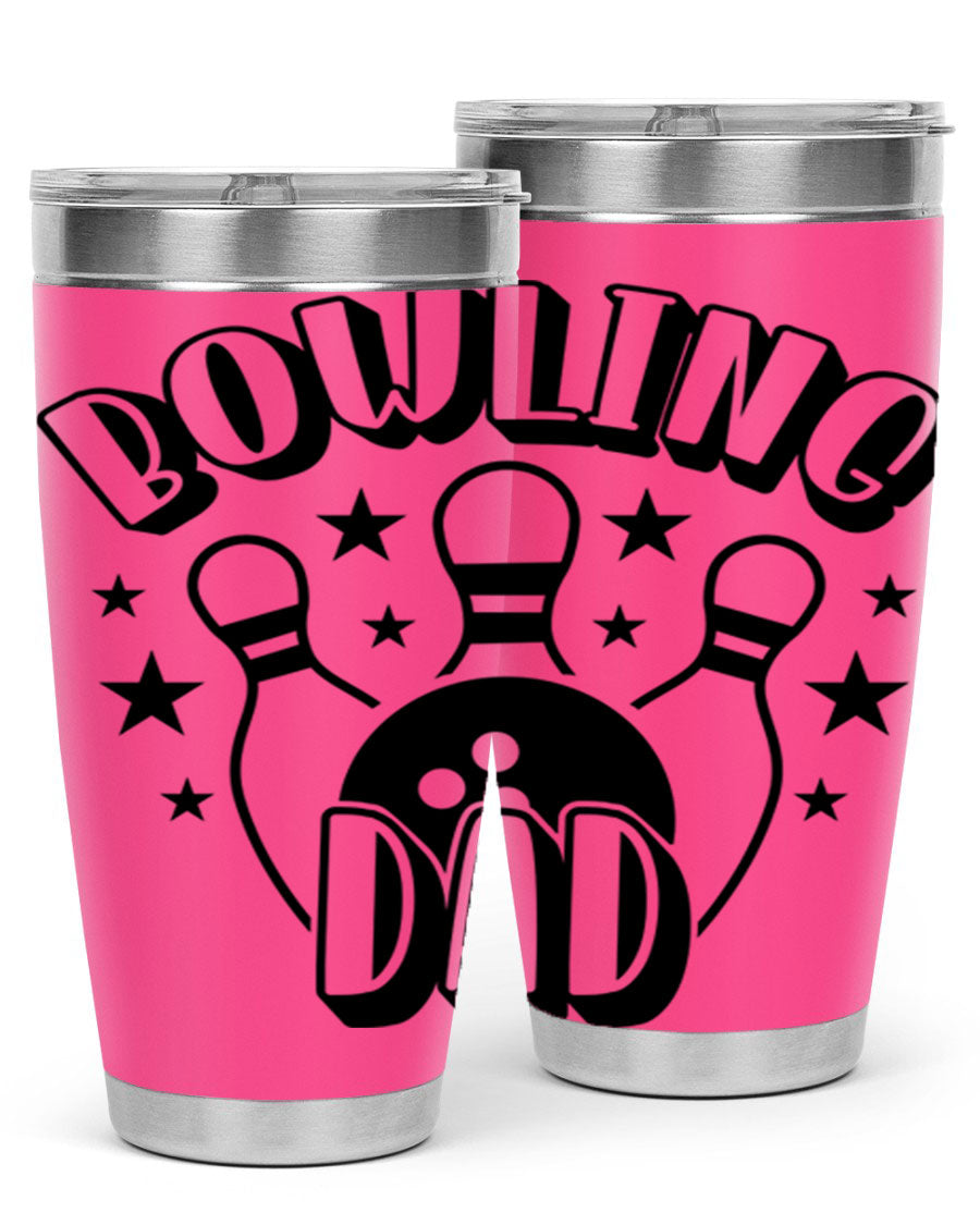 Bowling Dad 1406# Tumbler in stainless steel with a drink-thru lid, showcasing its sleek design and vibrant print.