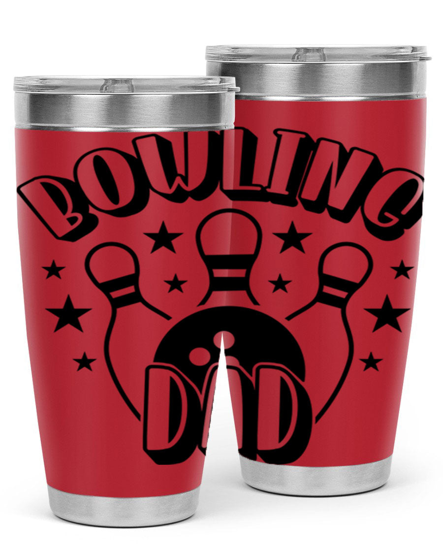 Bowling Dad 1406# Tumbler in stainless steel with a drink-thru lid, showcasing its sleek design and vibrant print.