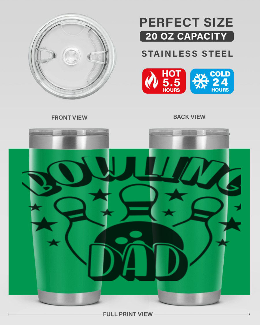 Bowling Dad 1406# Tumbler in stainless steel with a drink-thru lid, showcasing its sleek design and vibrant print.