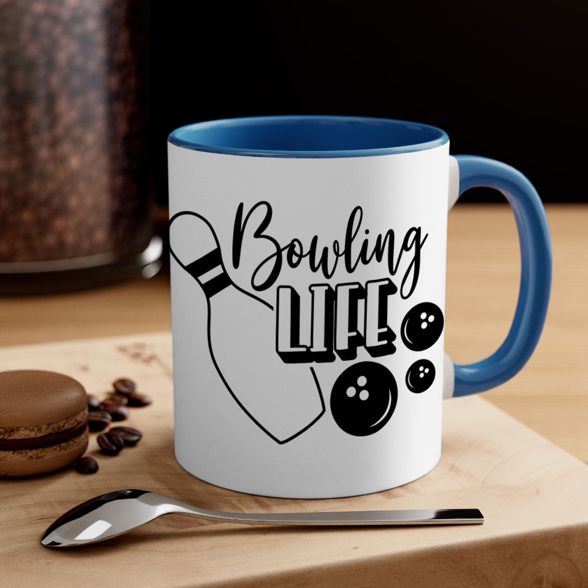 Bowling Life 1405# Mug with colorful handle and glossy finish, available in multiple colors and sizes.