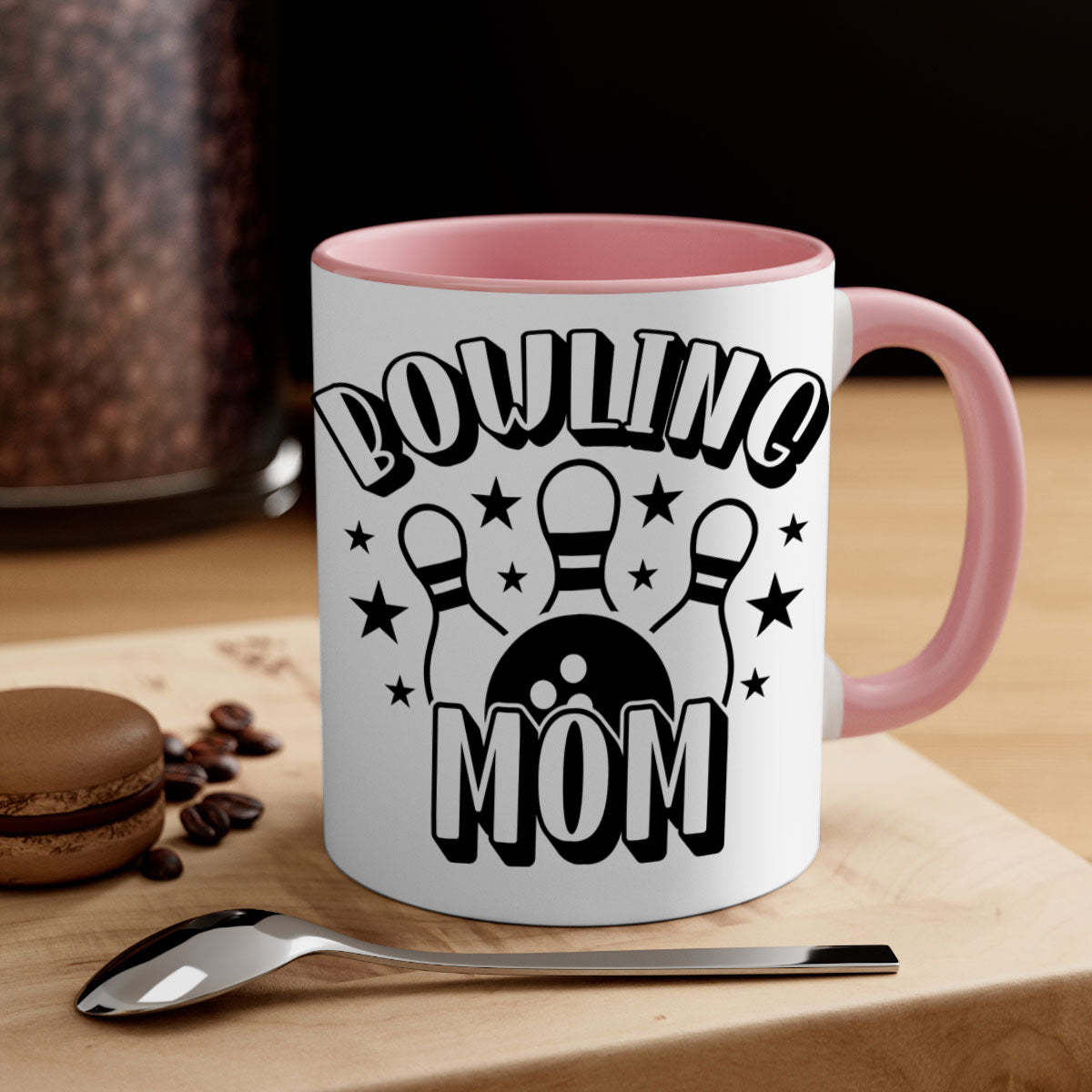 Bowling Mom 1404# Mug featuring a glossy finish, colored handle, and interior in five color options.