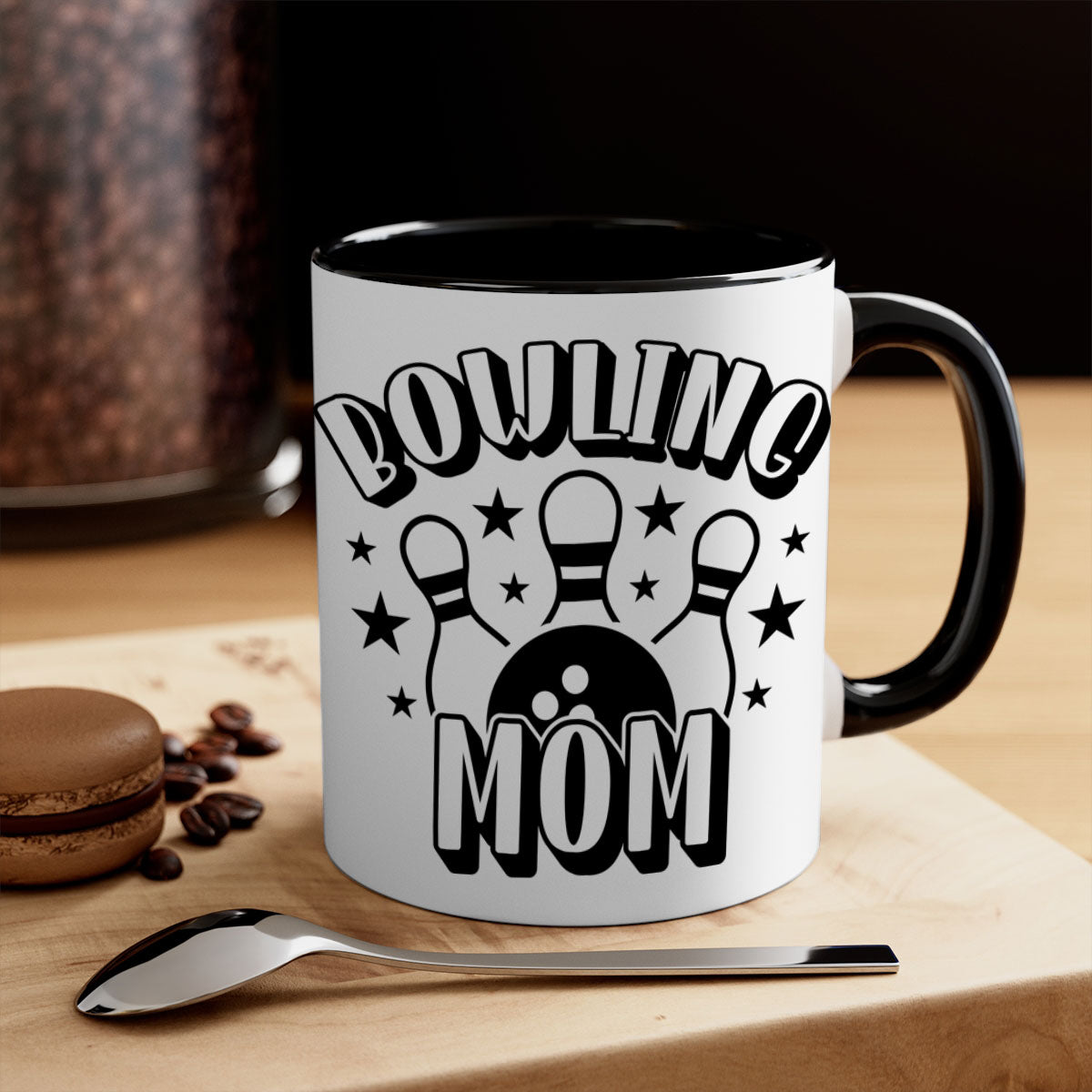 Bowling Mom 1404# Mug featuring a glossy finish, colored handle, and interior in five color options.