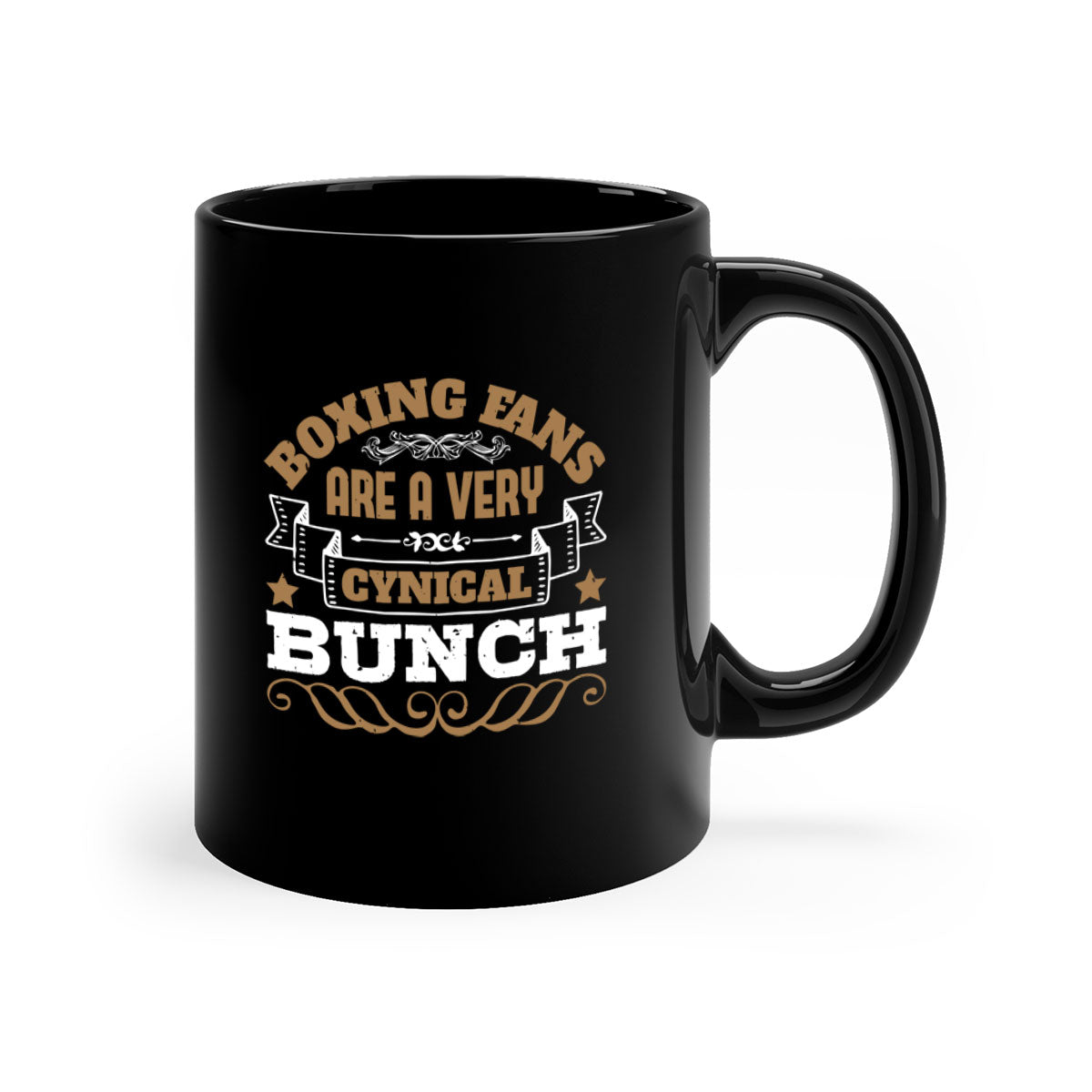 Ceramic coffee mug featuring a boxing-themed design with a glossy finish and colored handle, available in multiple colors.