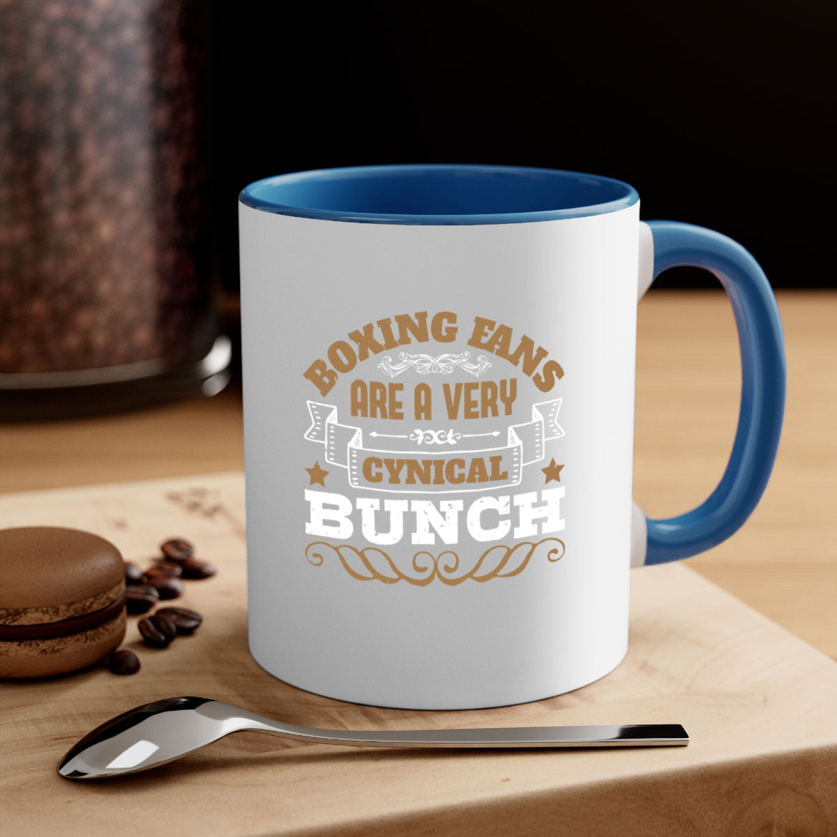 Ceramic coffee mug featuring a boxing-themed design with a glossy finish and colored handle, available in multiple colors.