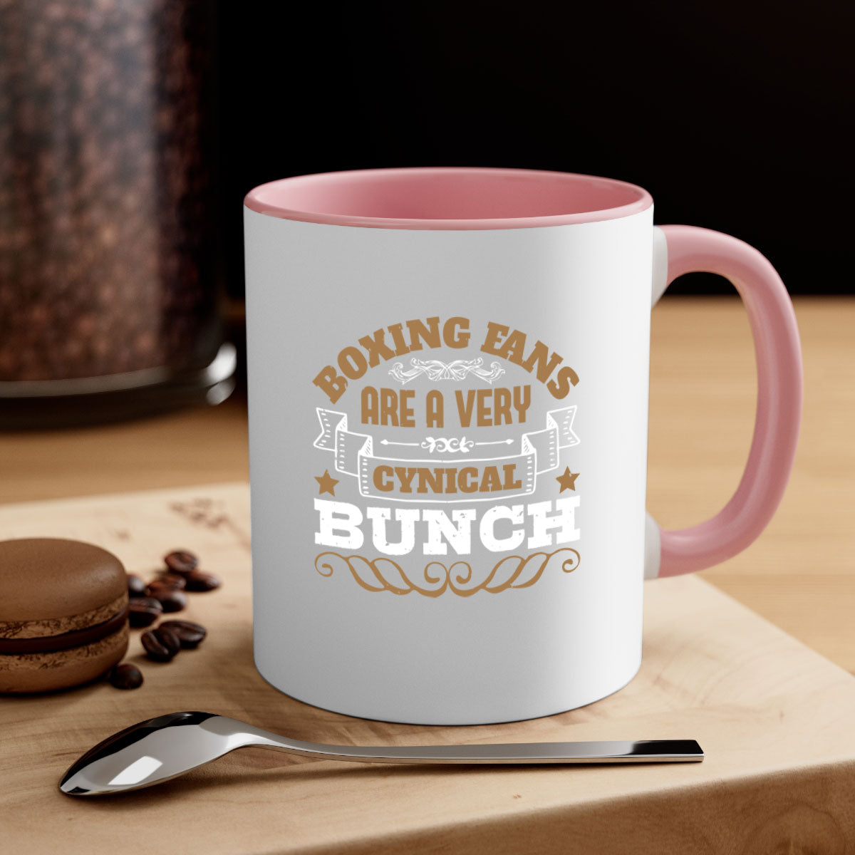 Ceramic coffee mug featuring a boxing-themed design with a glossy finish and colored handle, available in multiple colors.