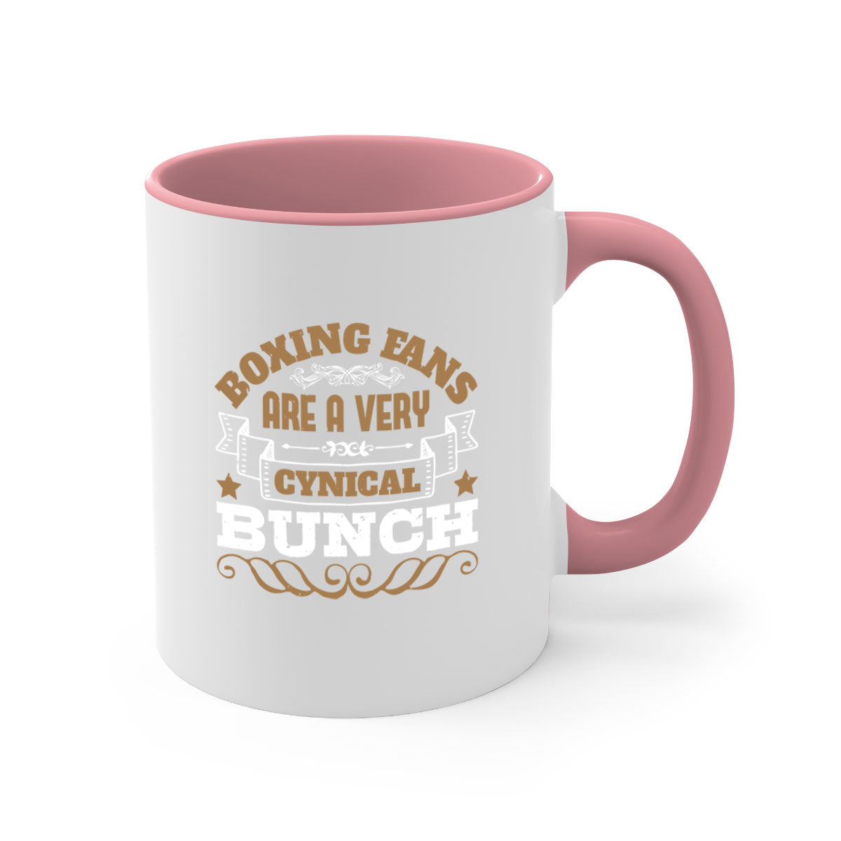 Ceramic coffee mug featuring a boxing-themed design with a glossy finish and colored handle, available in multiple colors.