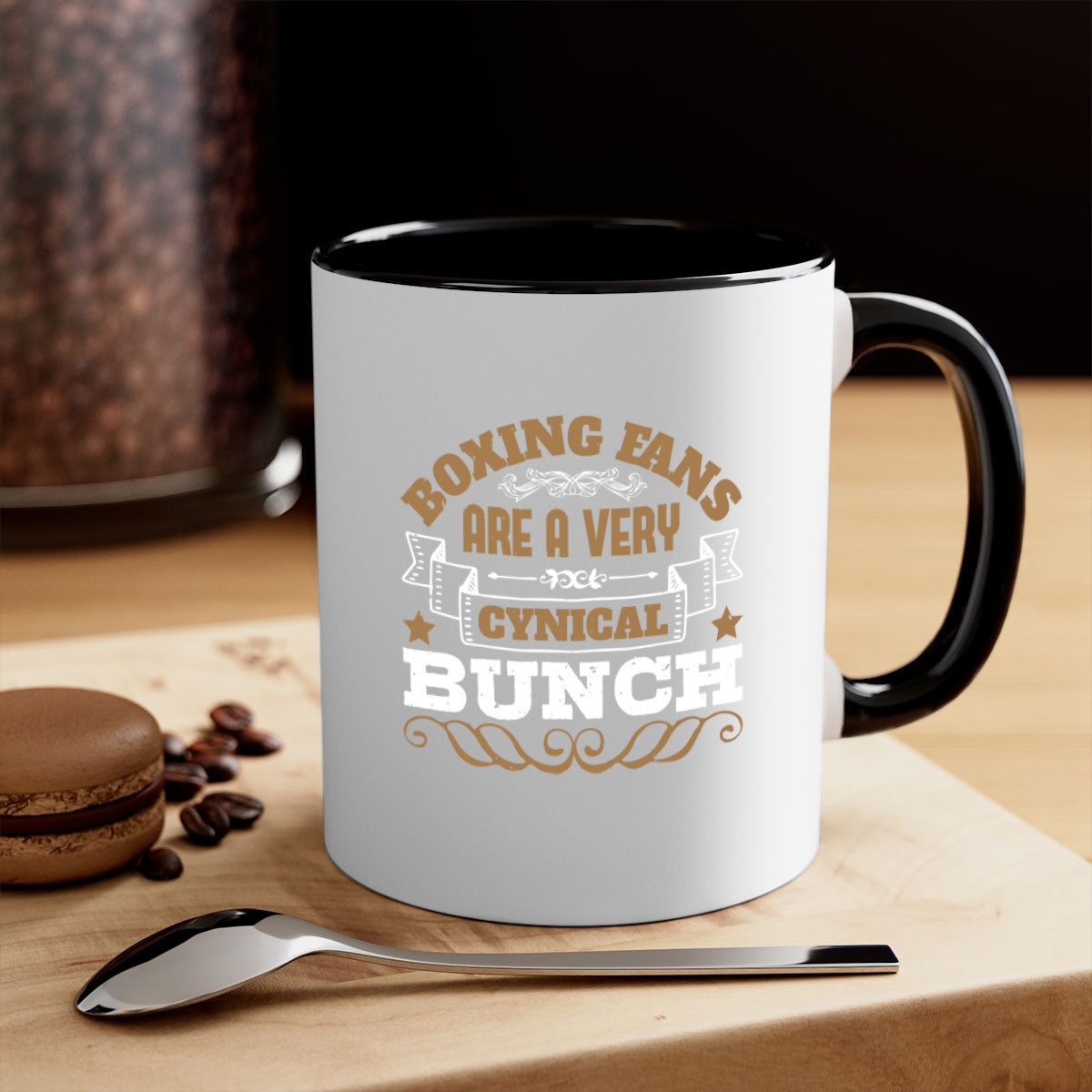 Ceramic coffee mug featuring a boxing-themed design with a glossy finish and colored handle, available in multiple colors.