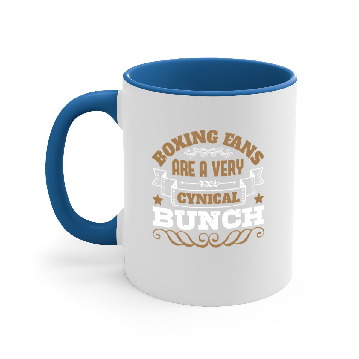 Ceramic coffee mug featuring a boxing-themed design with a glossy finish and colored handle, available in multiple colors.