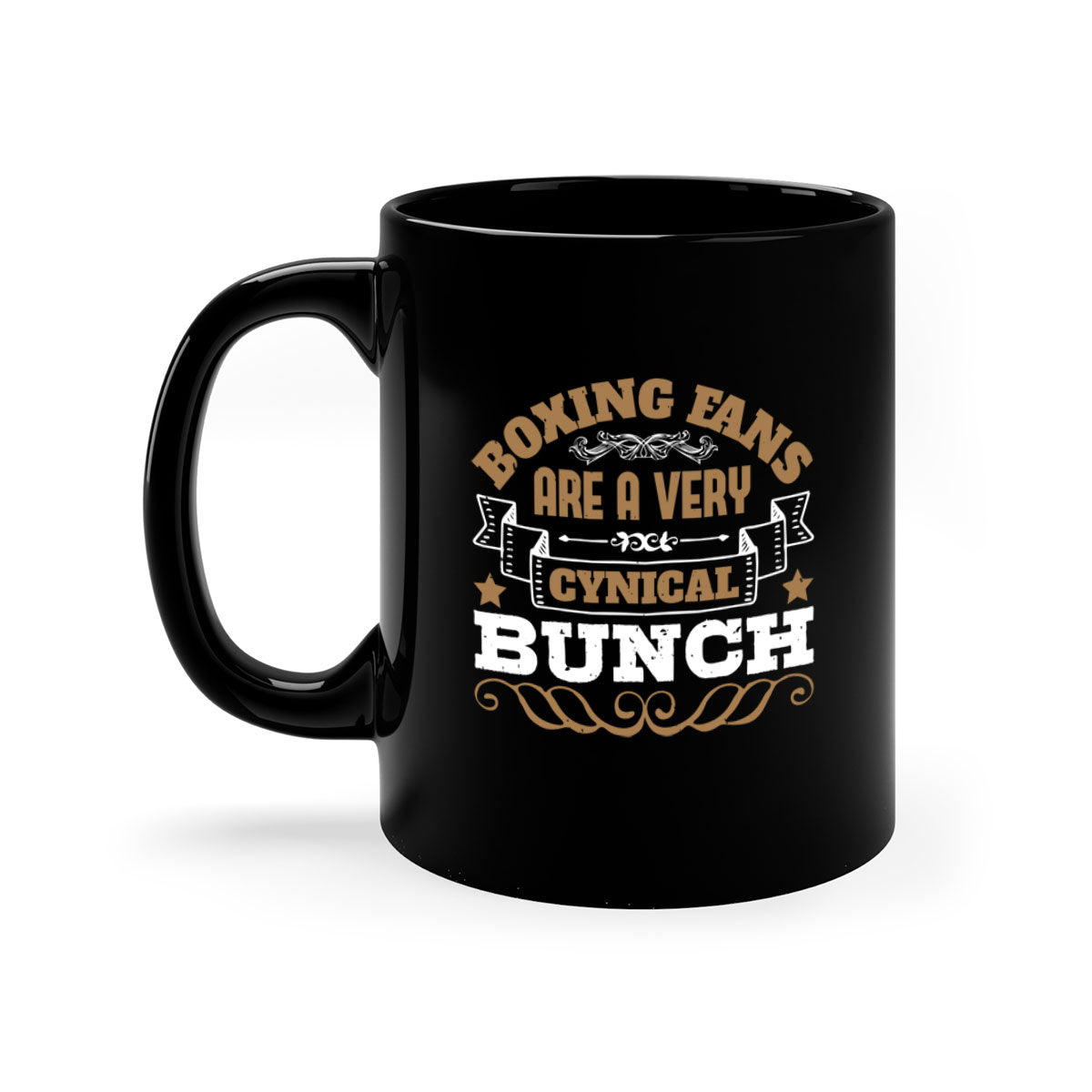 Ceramic coffee mug featuring a boxing-themed design with a glossy finish and colored handle, available in multiple colors.