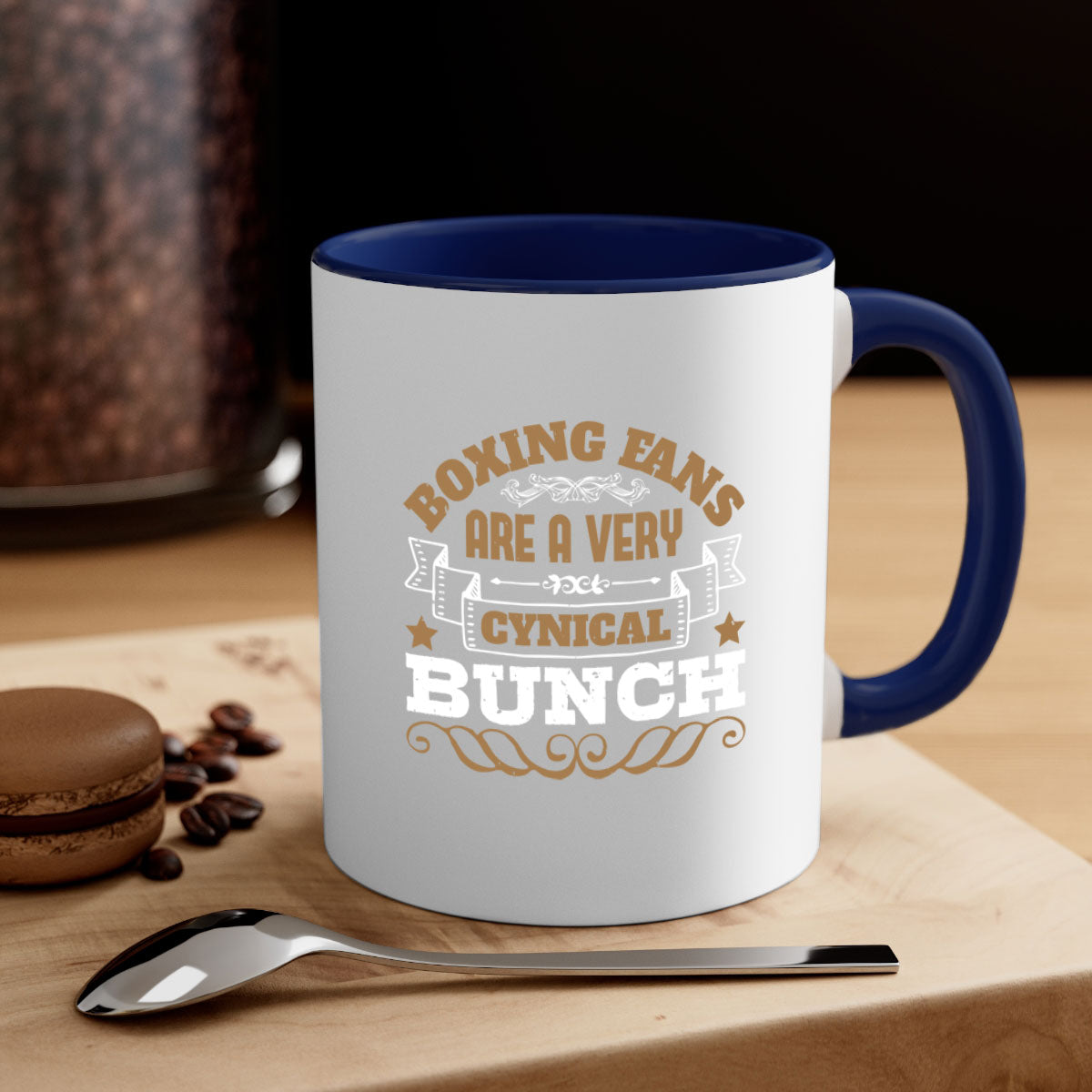 Ceramic coffee mug featuring a boxing-themed design with a glossy finish and colored handle, available in multiple colors.