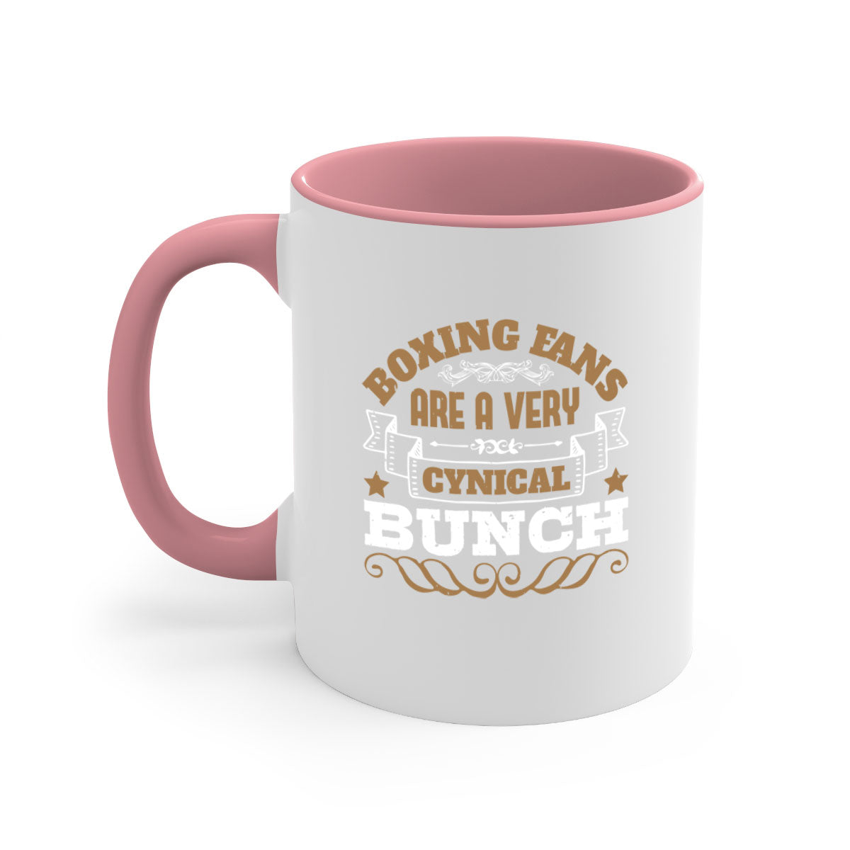 Ceramic coffee mug featuring a boxing-themed design with a glossy finish and colored handle, available in multiple colors.