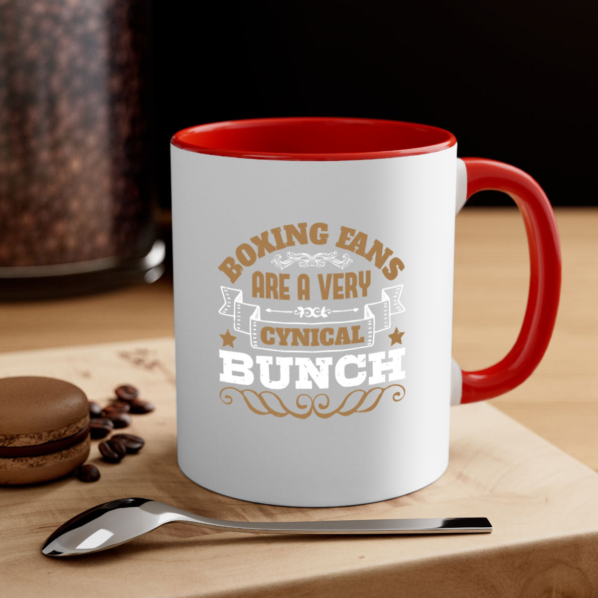 Ceramic coffee mug featuring a boxing-themed design with a glossy finish and colored handle, available in multiple colors.