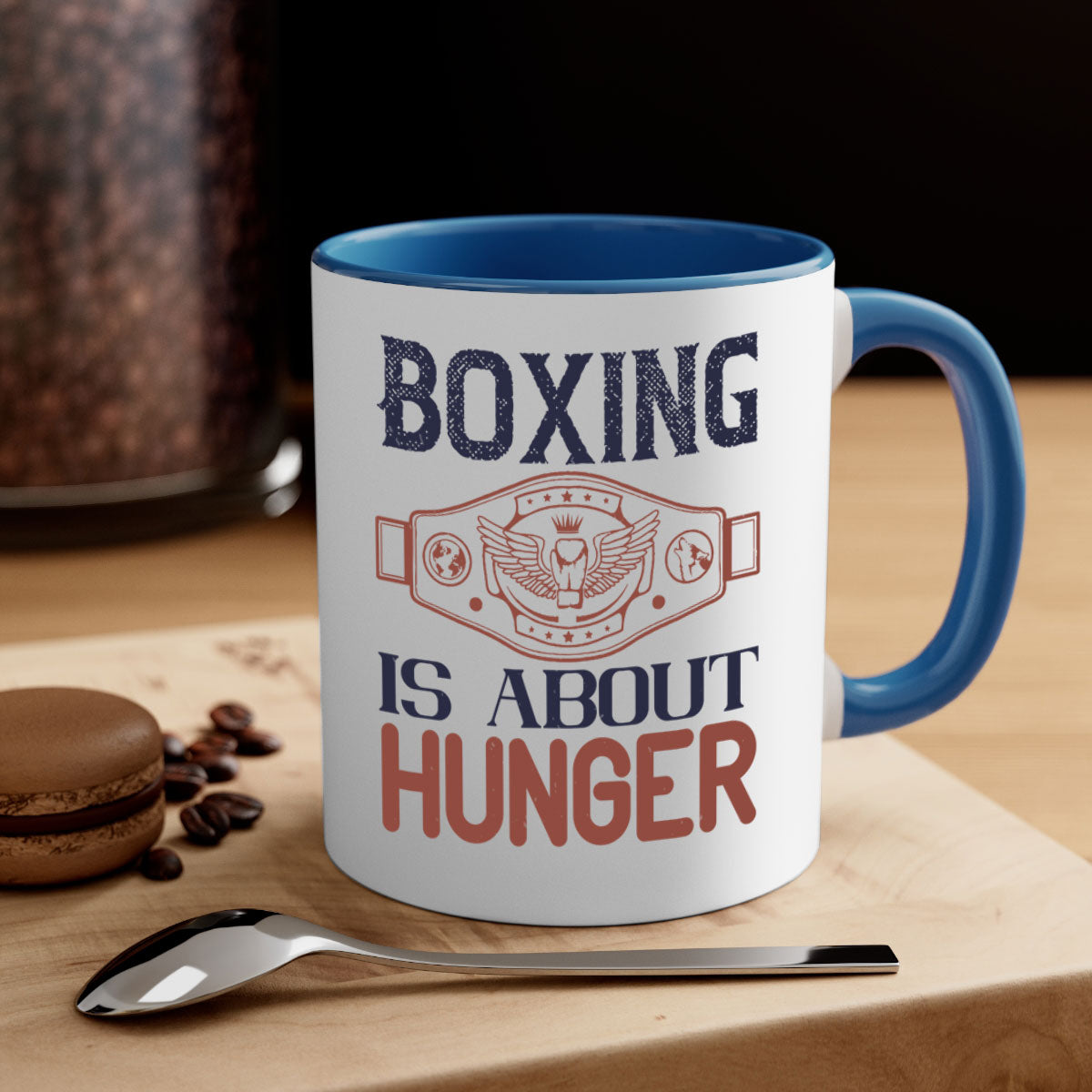 Boxing is about hunger 1669# Mug with a glossy finish, featuring a colored handle and interior, available in multiple colors.