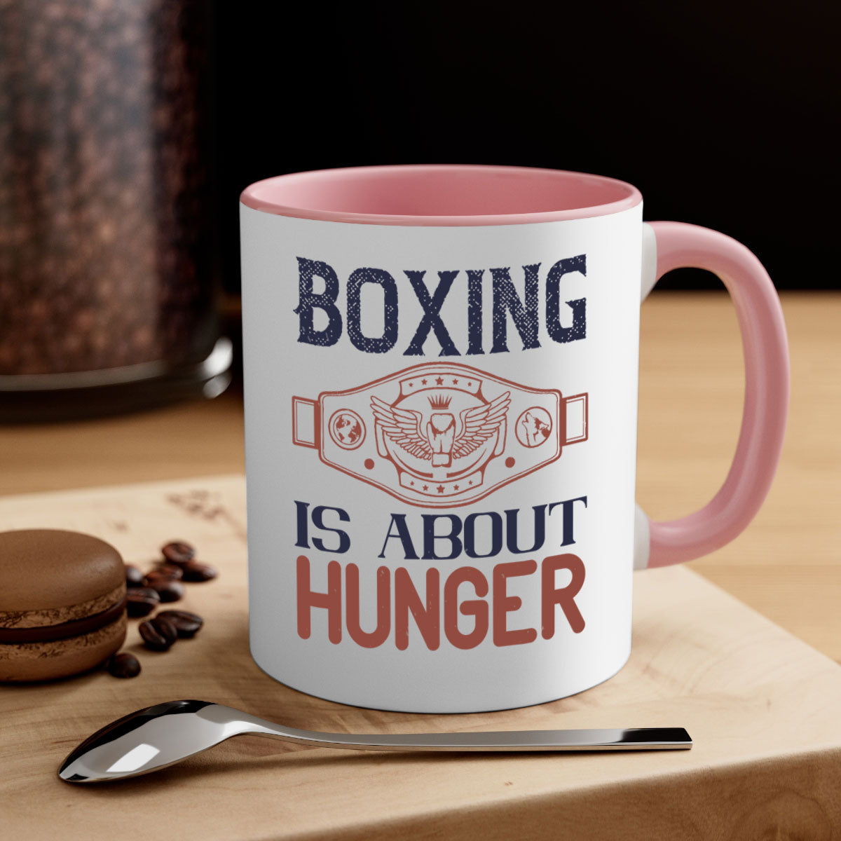 Boxing is about hunger 1669# Mug with a glossy finish, featuring a colored handle and interior, available in multiple colors.