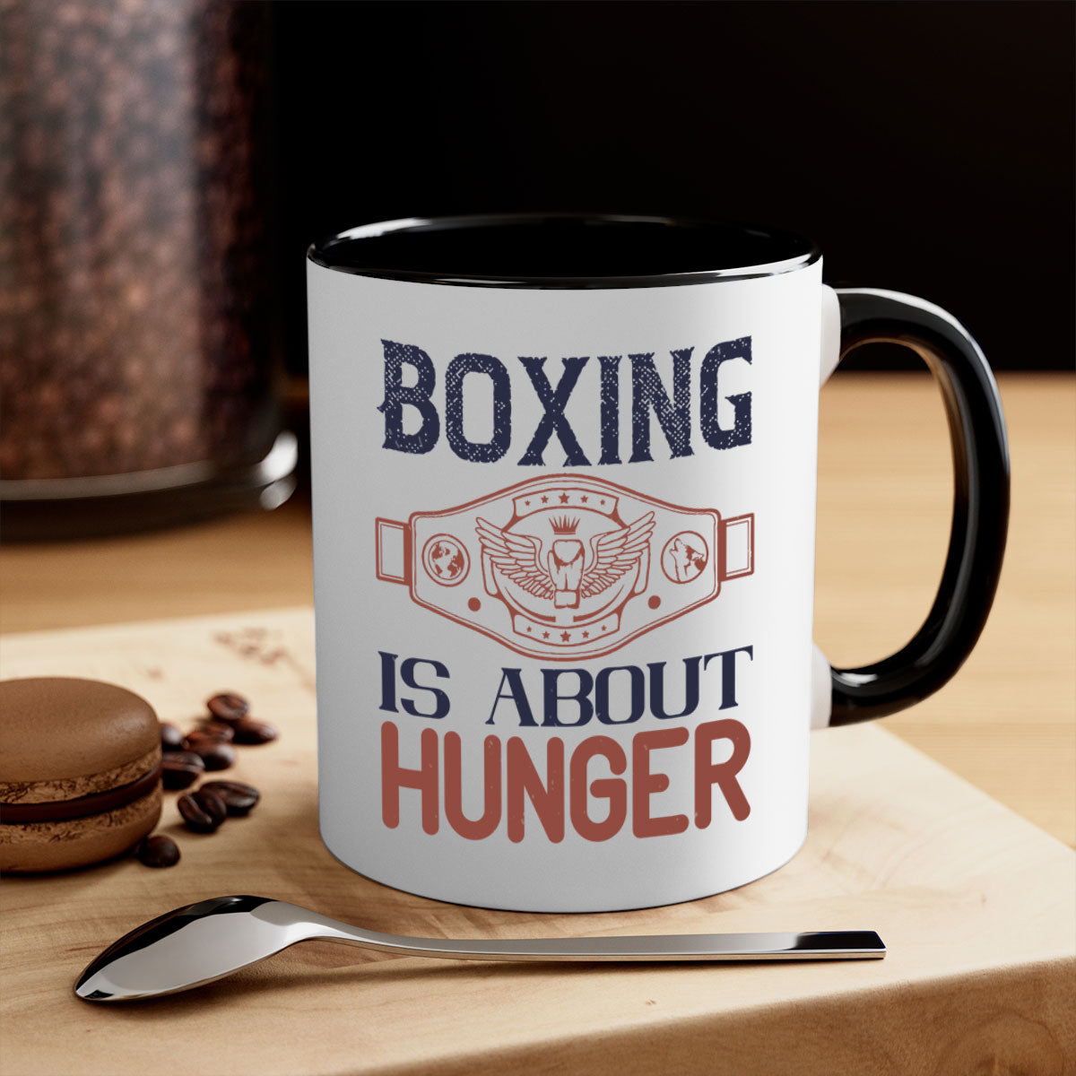 Boxing is about hunger 1669# Mug with a glossy finish, featuring a colored handle and interior, available in multiple colors.