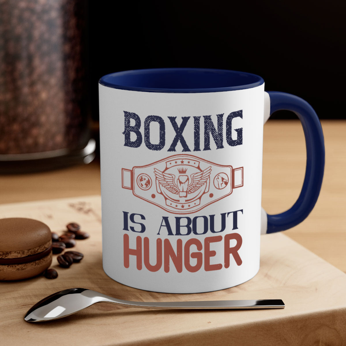 Boxing is about hunger 1669# Mug with a glossy finish, featuring a colored handle and interior, available in multiple colors.