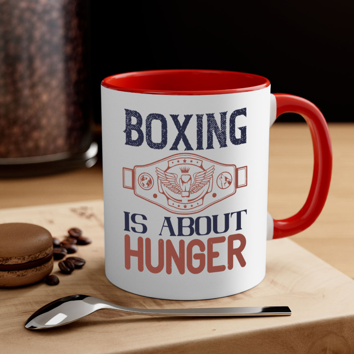 Boxing is about hunger 1669# Mug with a glossy finish, featuring a colored handle and interior, available in multiple colors.