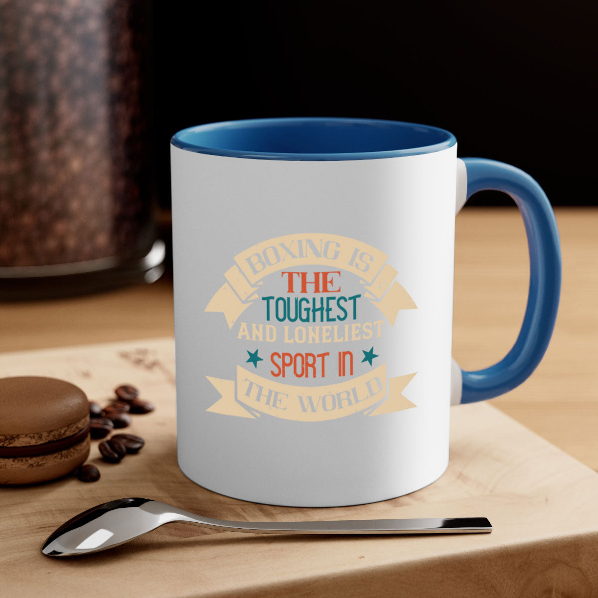 Two-tone ceramic mug featuring boxing-themed design, available in multiple colors with a glossy finish.