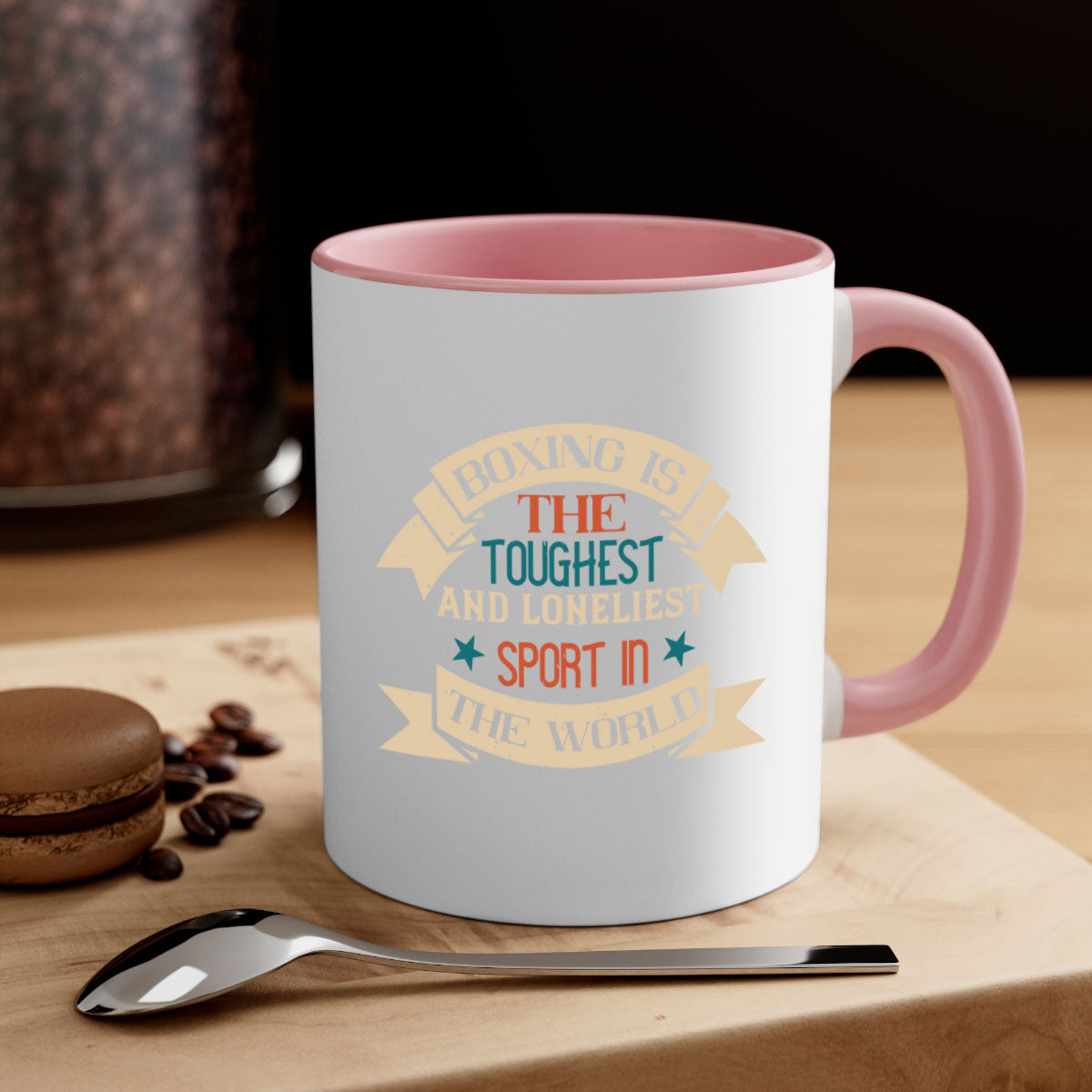 Two-tone ceramic mug featuring boxing-themed design, available in multiple colors with a glossy finish.