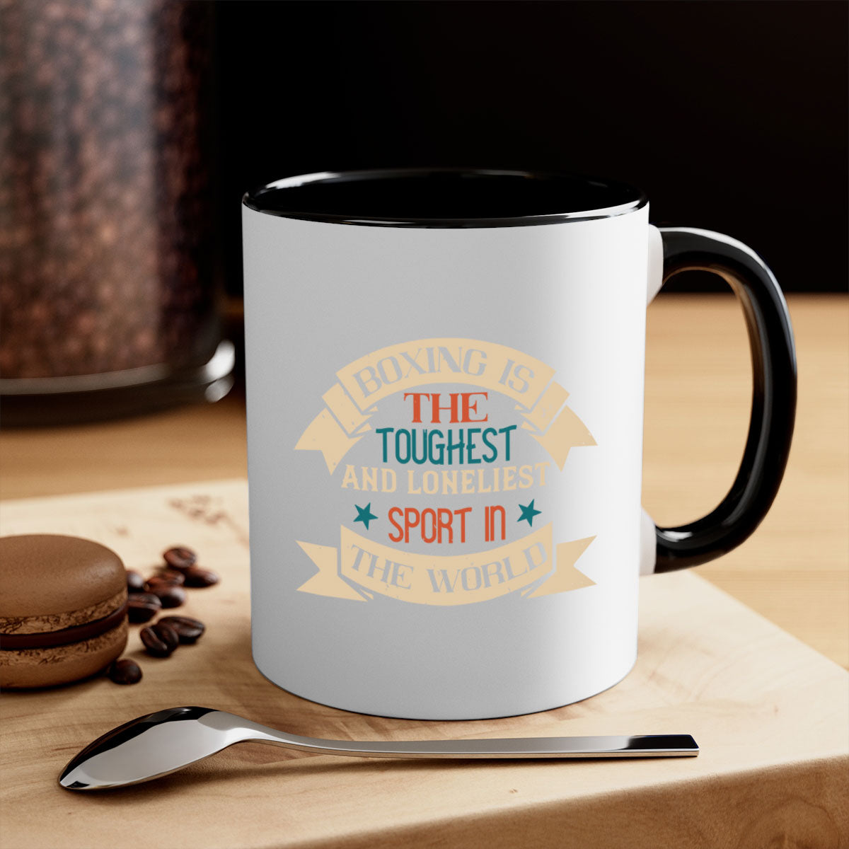 Two-tone ceramic mug featuring boxing-themed design, available in multiple colors with a glossy finish.