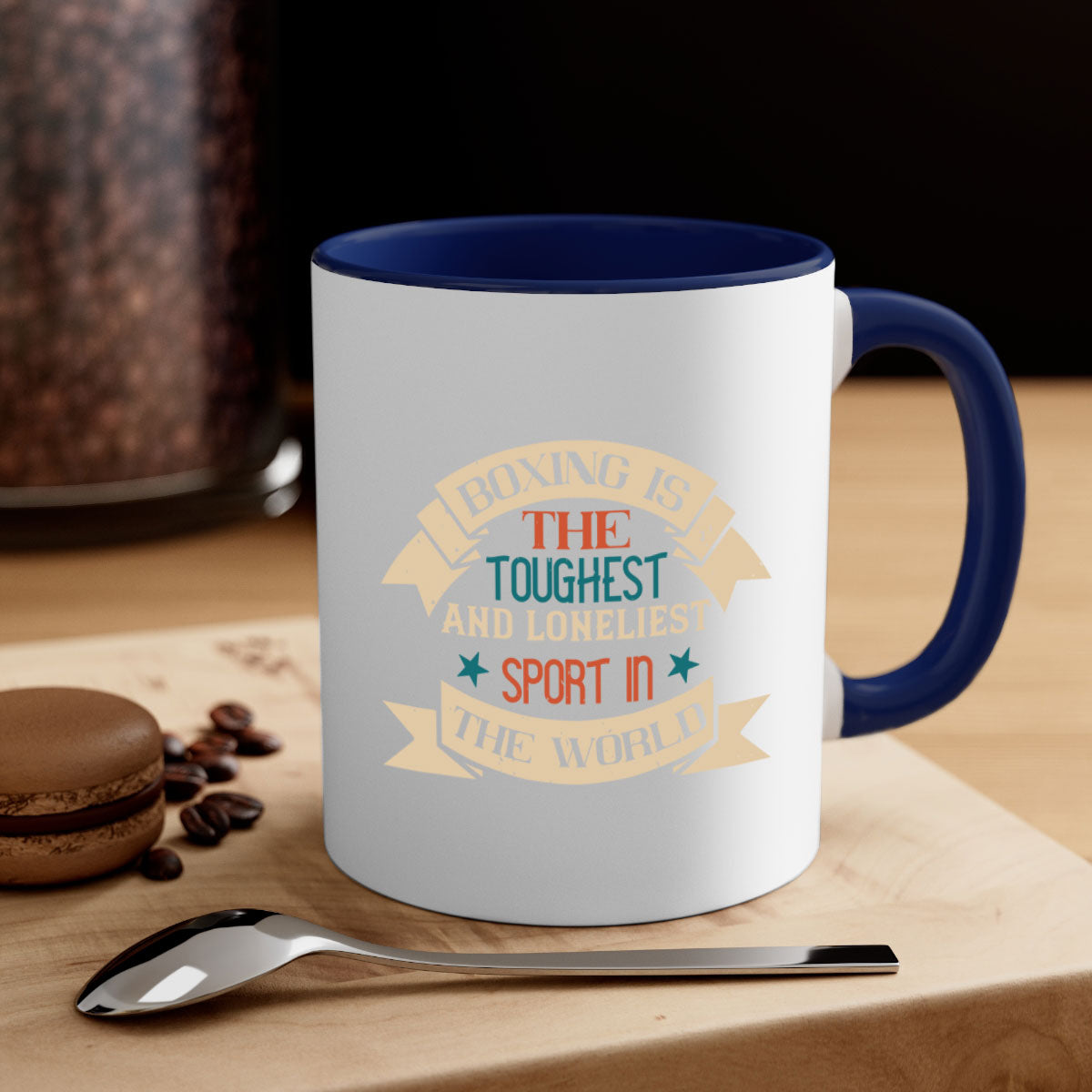 Two-tone ceramic mug featuring boxing-themed design, available in multiple colors with a glossy finish.