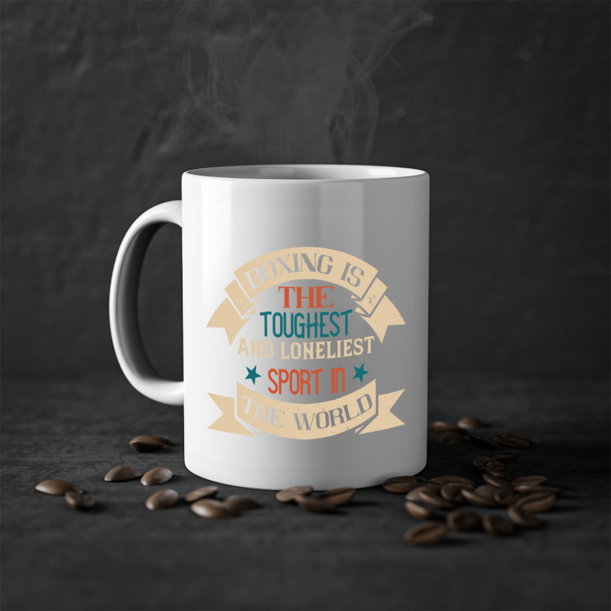 Two-tone ceramic mug featuring boxing-themed design, available in multiple colors with a glossy finish.