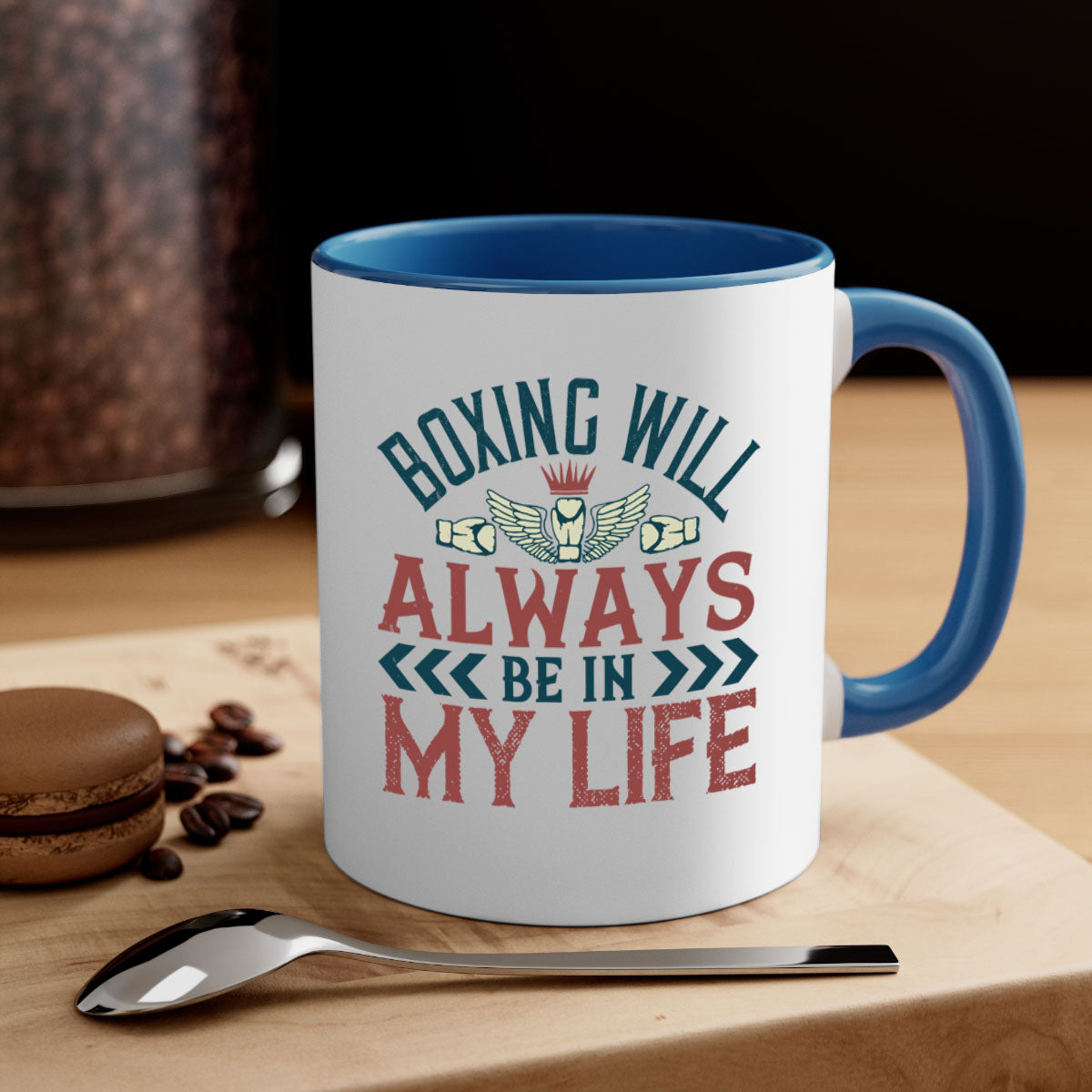 Ceramic coffee mug featuring a boxing theme with a glossy finish and colored handle, available in multiple colors.