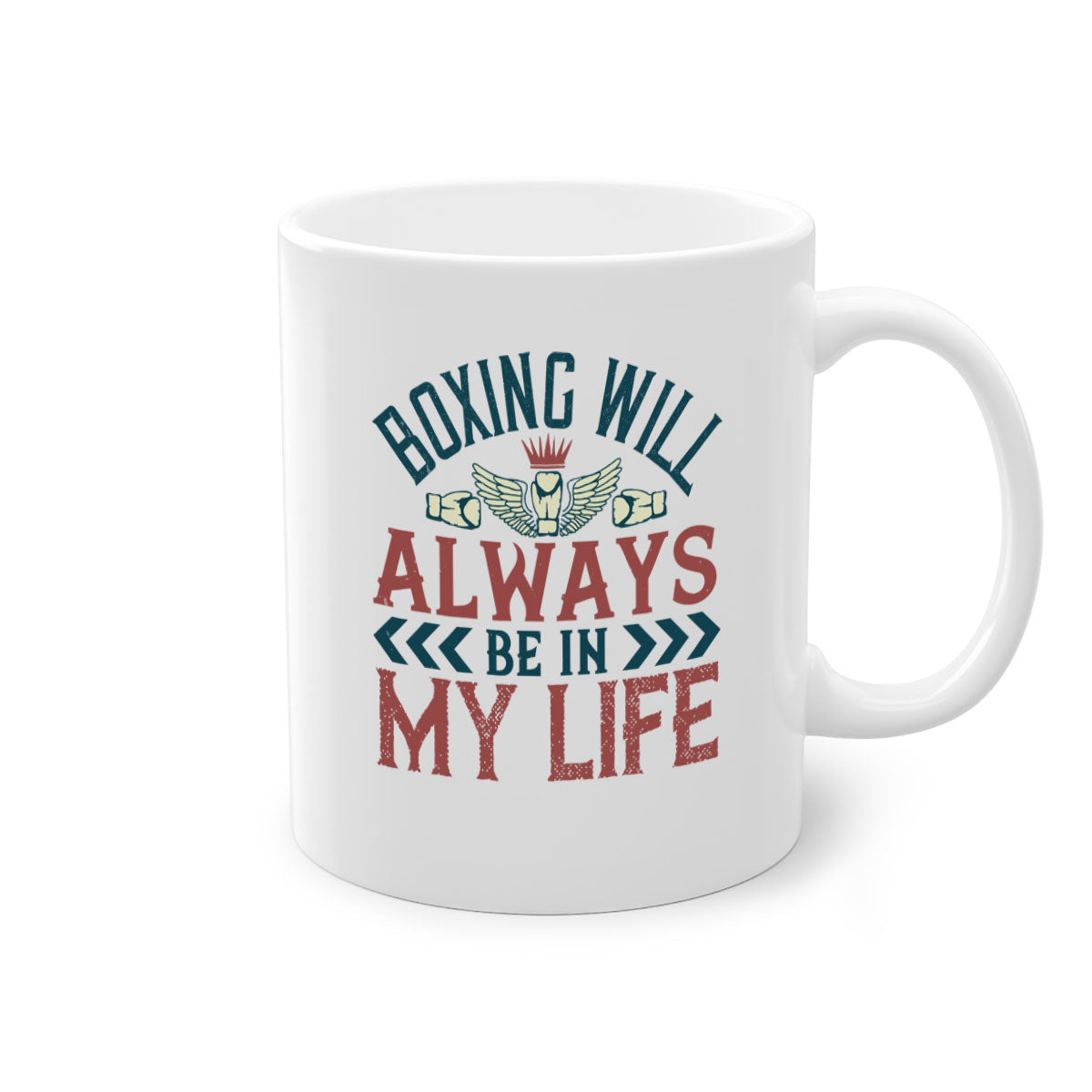 Ceramic coffee mug featuring a boxing theme with a glossy finish and colored handle, available in multiple colors.