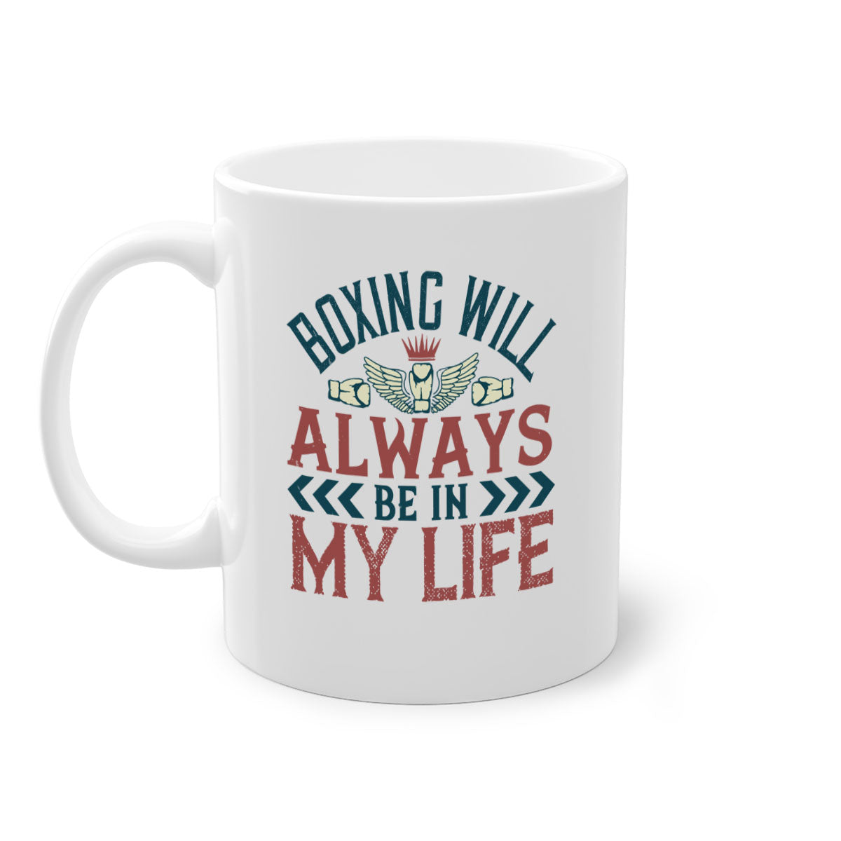 Ceramic coffee mug featuring a boxing theme with a glossy finish and colored handle, available in multiple colors.