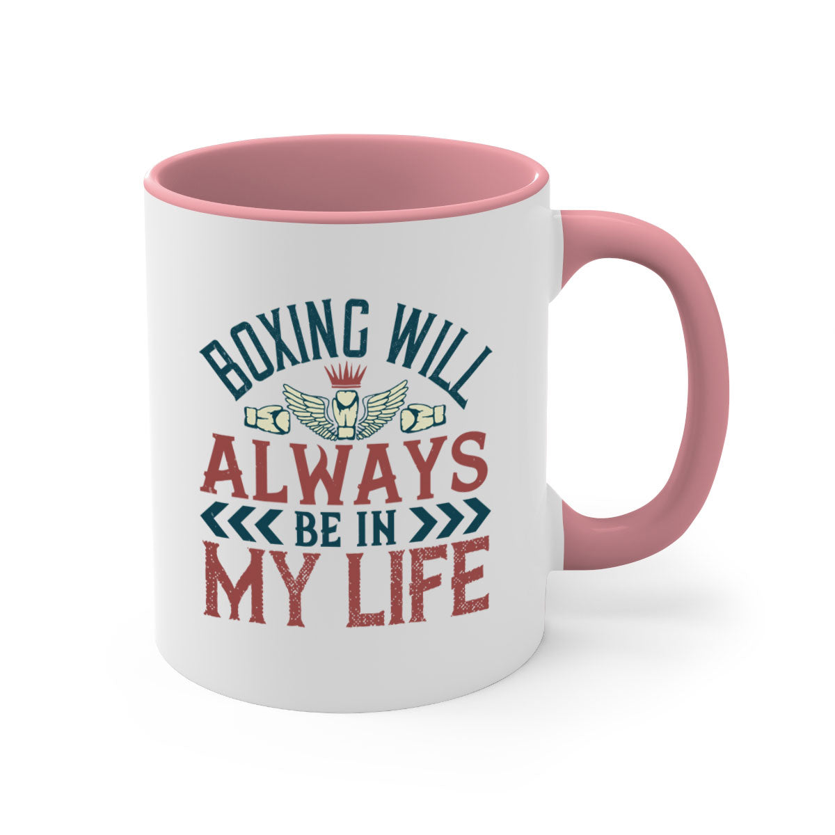 Ceramic coffee mug featuring a boxing theme with a glossy finish and colored handle, available in multiple colors.