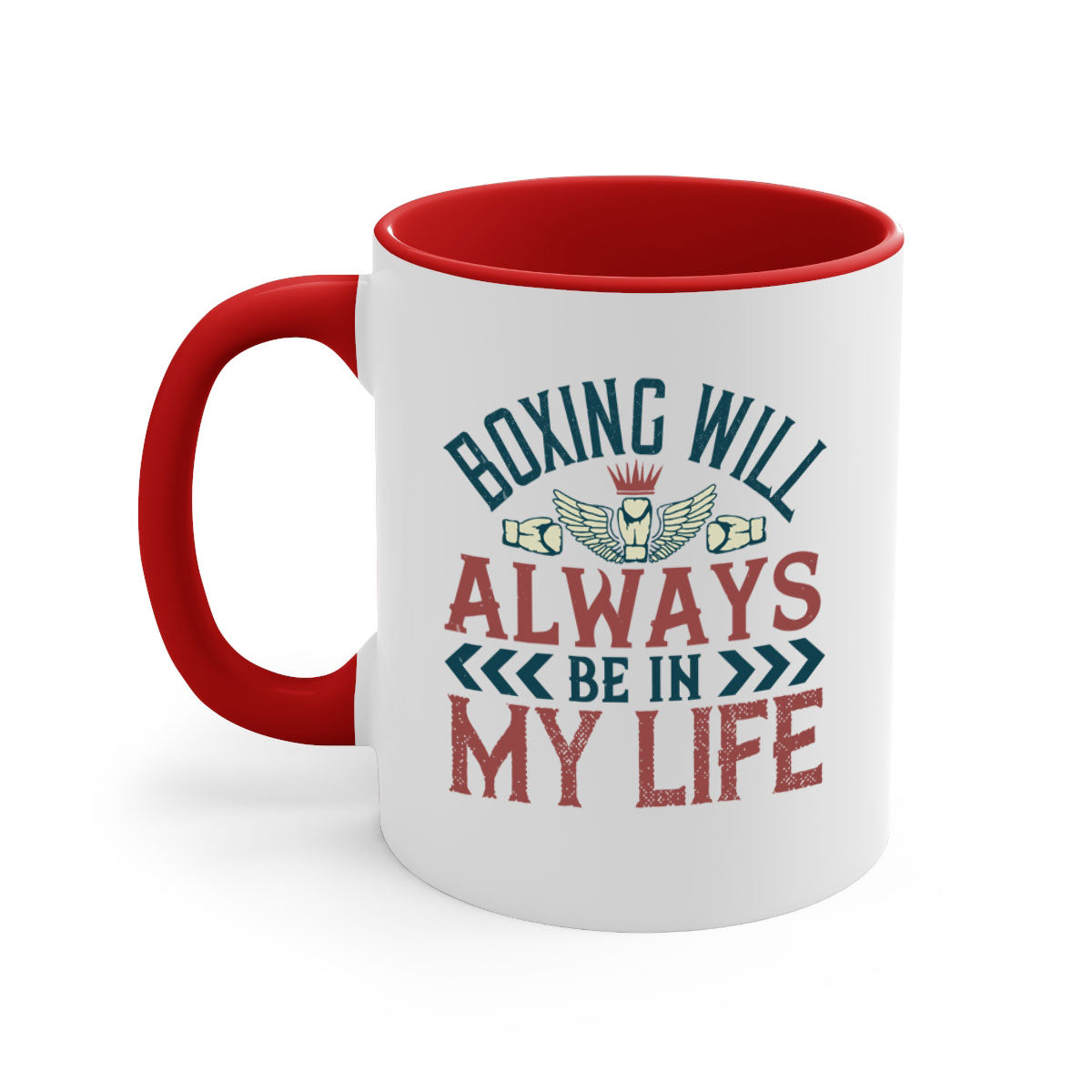 Ceramic coffee mug featuring a boxing theme with a glossy finish and colored handle, available in multiple colors.