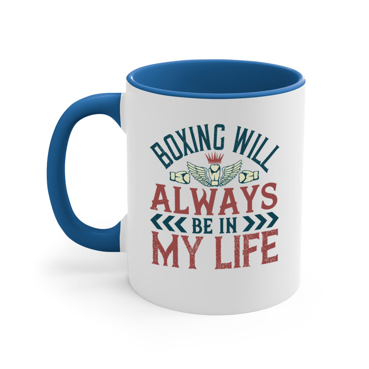 Ceramic coffee mug featuring a boxing theme with a glossy finish and colored handle, available in multiple colors.