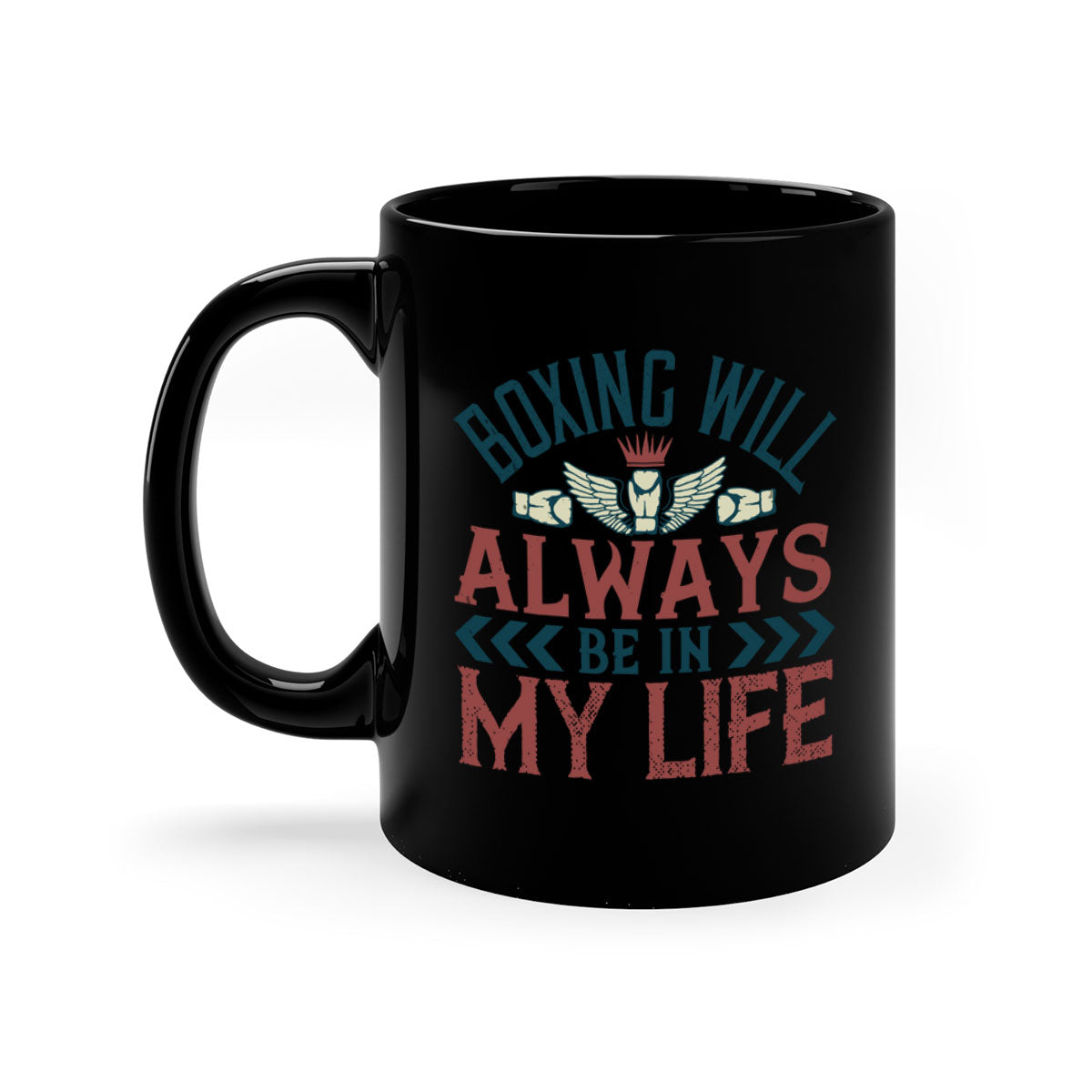 Ceramic coffee mug featuring a boxing theme with a glossy finish and colored handle, available in multiple colors.