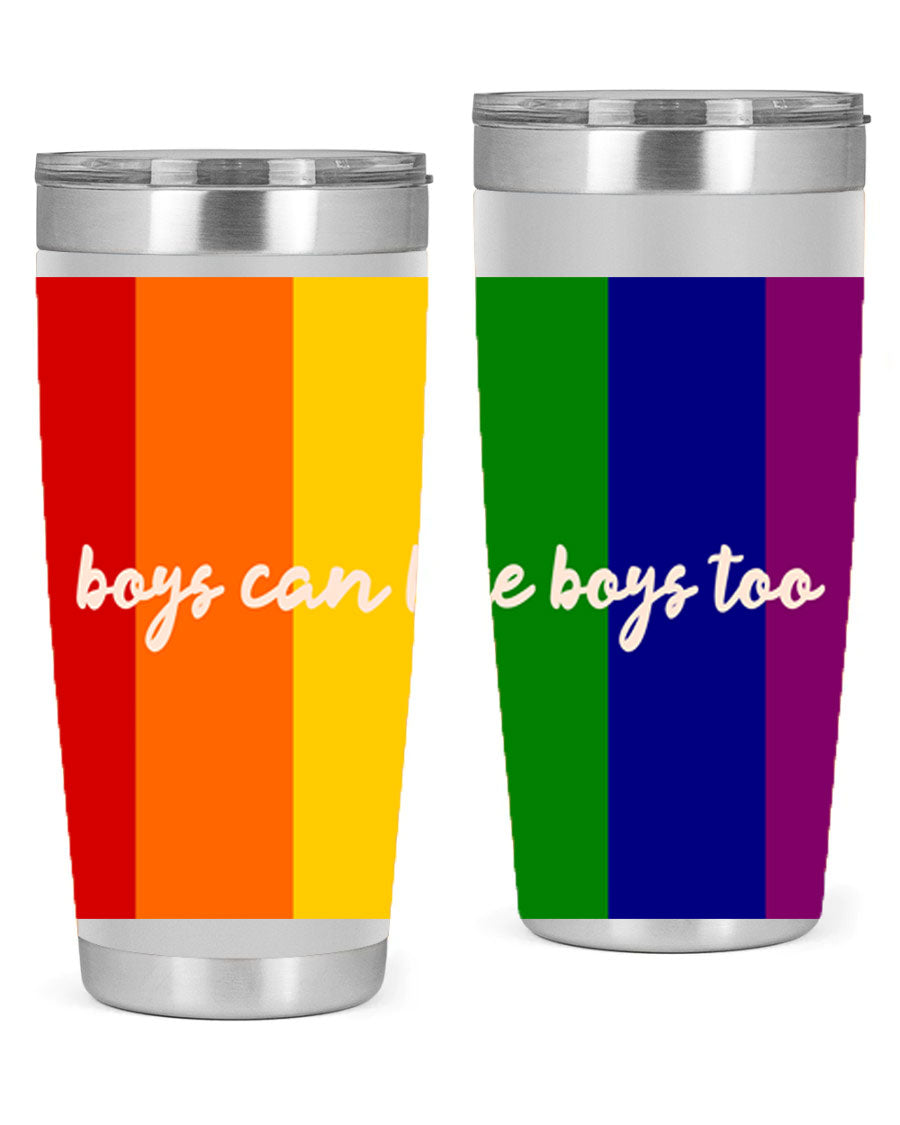 Boys can like Boys too 17# tumbler, a stylish 20oz stainless steel drinkware with a vibrant design celebrating love and inclusivity.