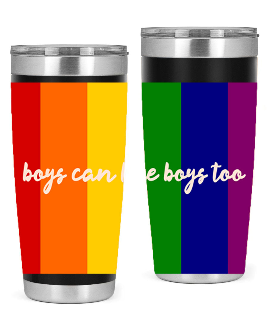 Boys can like Boys too 17# tumbler, a stylish 20oz stainless steel drinkware with a vibrant design celebrating love and inclusivity.