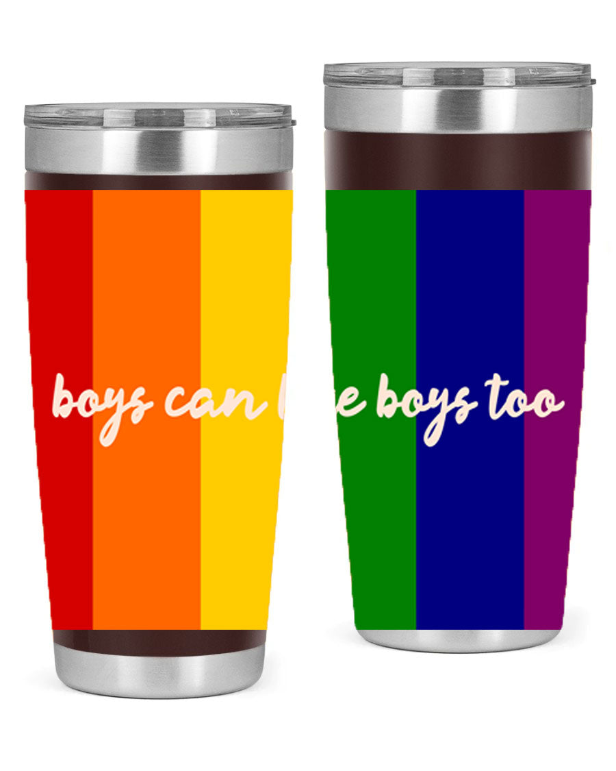 Boys can like Boys too 17# tumbler, a stylish 20oz stainless steel drinkware with a vibrant design celebrating love and inclusivity.