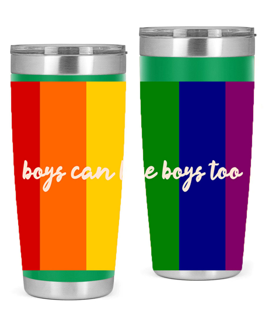 Boys can like Boys too 17# tumbler, a stylish 20oz stainless steel drinkware with a vibrant design celebrating love and inclusivity.