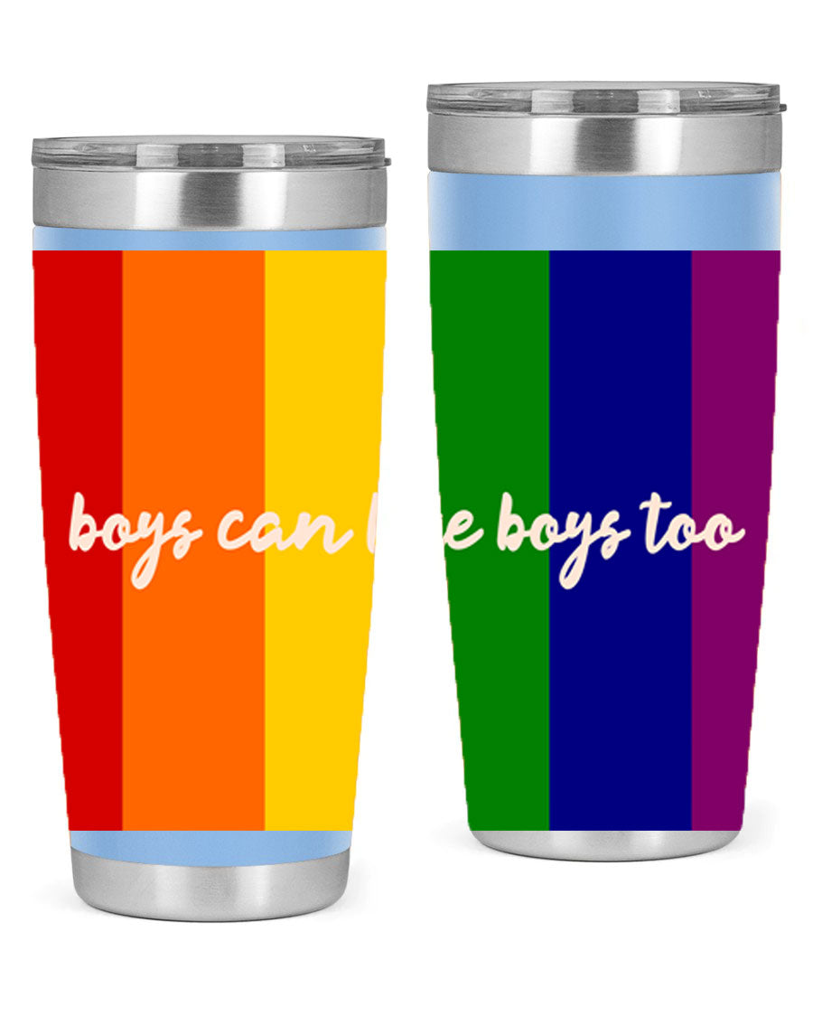 Boys can like Boys too 17# tumbler, a stylish 20oz stainless steel drinkware with a vibrant design celebrating love and inclusivity.