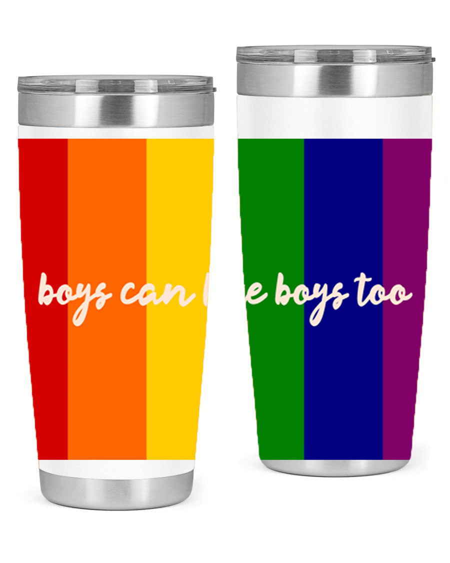 Boys can like Boys too 17# tumbler, a stylish 20oz stainless steel drinkware with a vibrant design celebrating love and inclusivity.